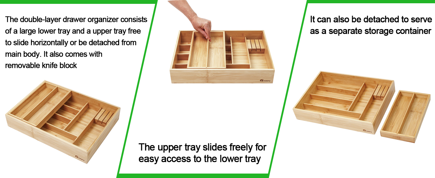 Double layer Bamboo Kitchen Drawer Organizer