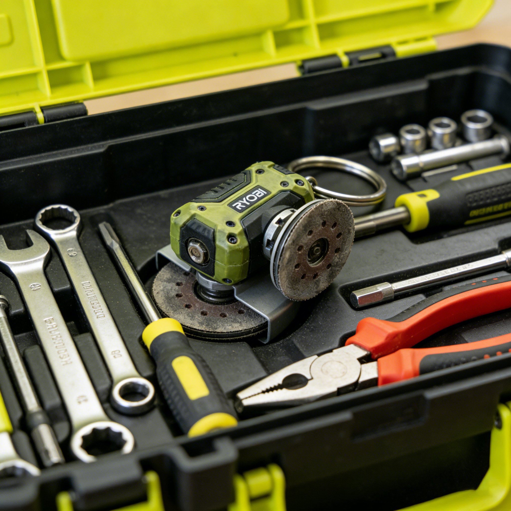 🔧Μπρελόκ RYOBI Mini Angle Grinder – Το αξεσουάρ για τους λάτρεις των σκληρών εργαλείων