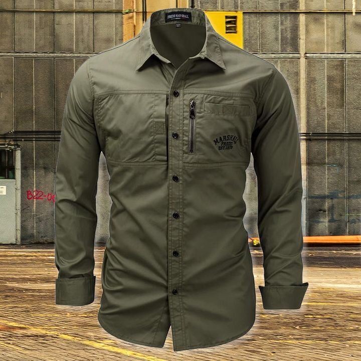 Long Sleeve Lapel Zipper Cotton Military Outdoor Casual Men Shirt