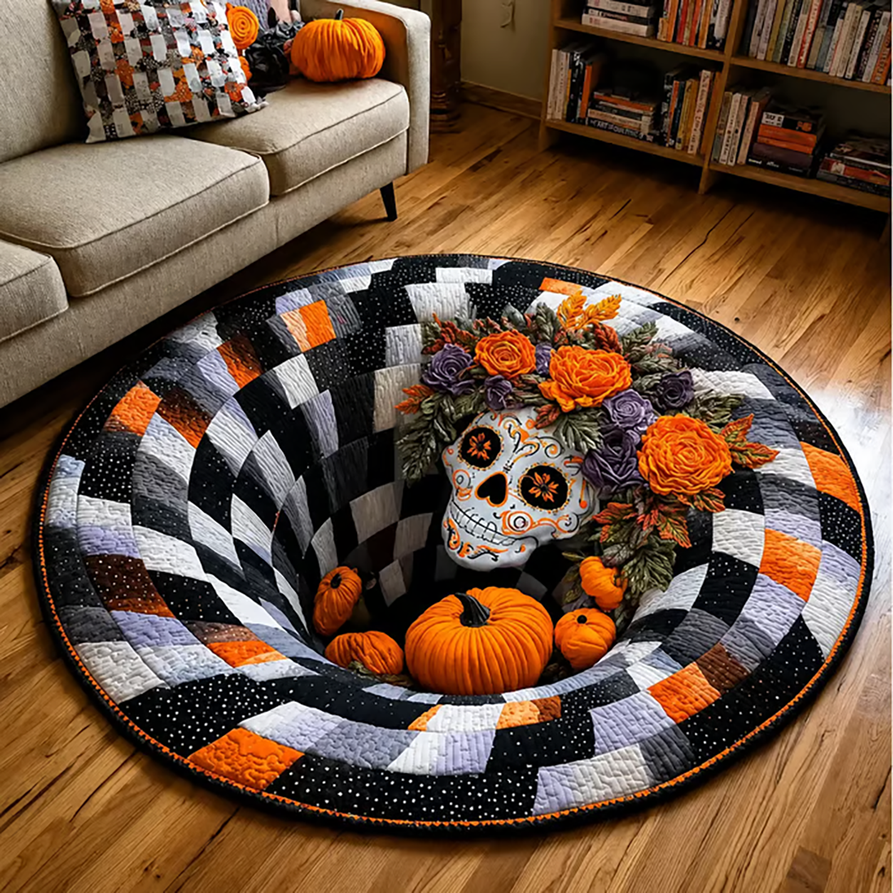 👻Early Halloween Sale🎃3D Skeleton Vortex Quilted Round Halloween Rug
