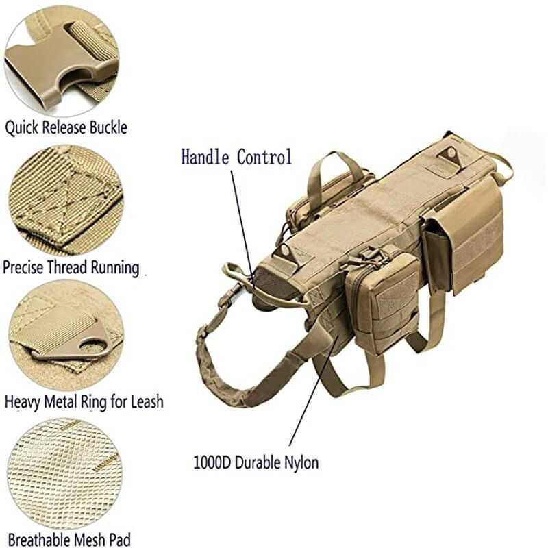 Outdoor Dog Harness Adjustable Military K9 Harness Vest with 3 Detachable Pouches