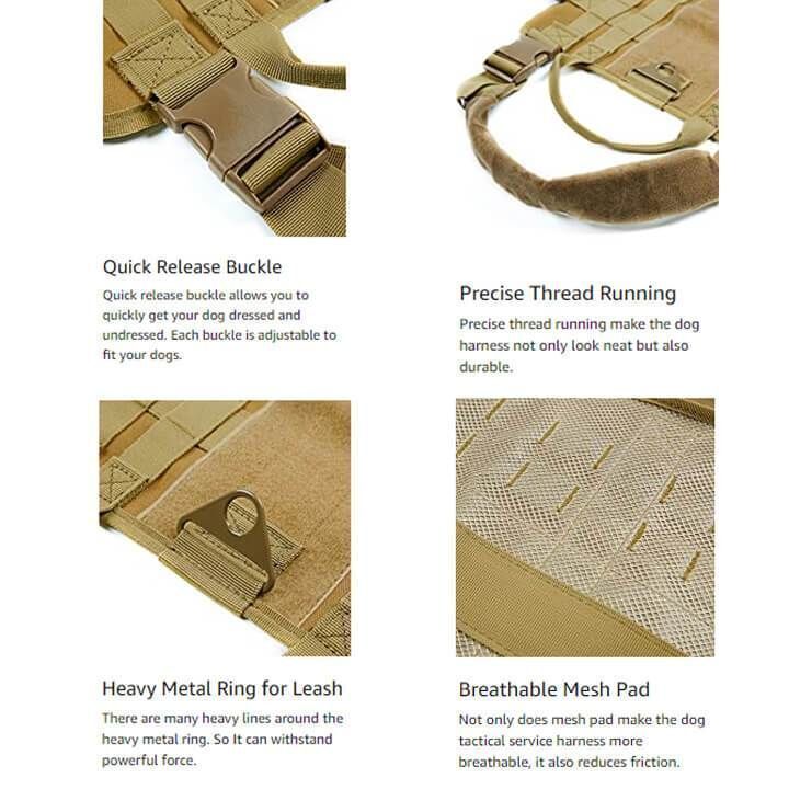 Outdoor Dog Harness Adjustable Military K9 Harness Vest with 3 Detachable Pouches