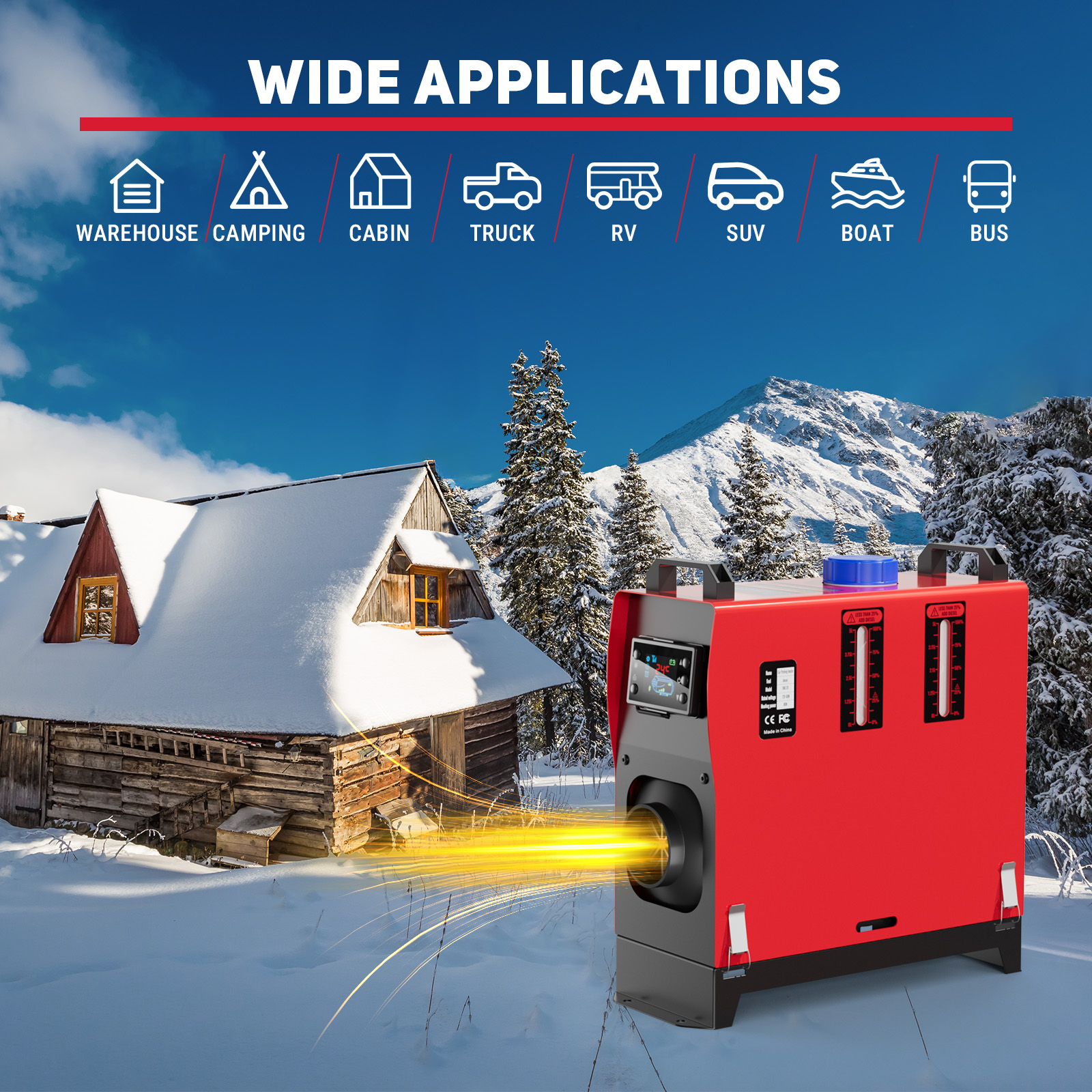 A red 8KW diesel air heater demonstrating its wide applications for heating in warehouses, cabins, trucks, RVs, SUVs, boats, and buses, set against a snowy mountain cabin backdrop.