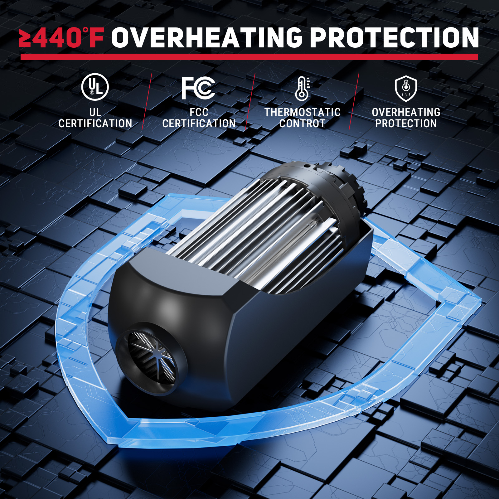 A close-up of the 8KW diesel heater’s internal components, highlighting its ≥440°F overheating protection, thermostatic control, and certifications (UL, FCC) for safety and reliable performance.