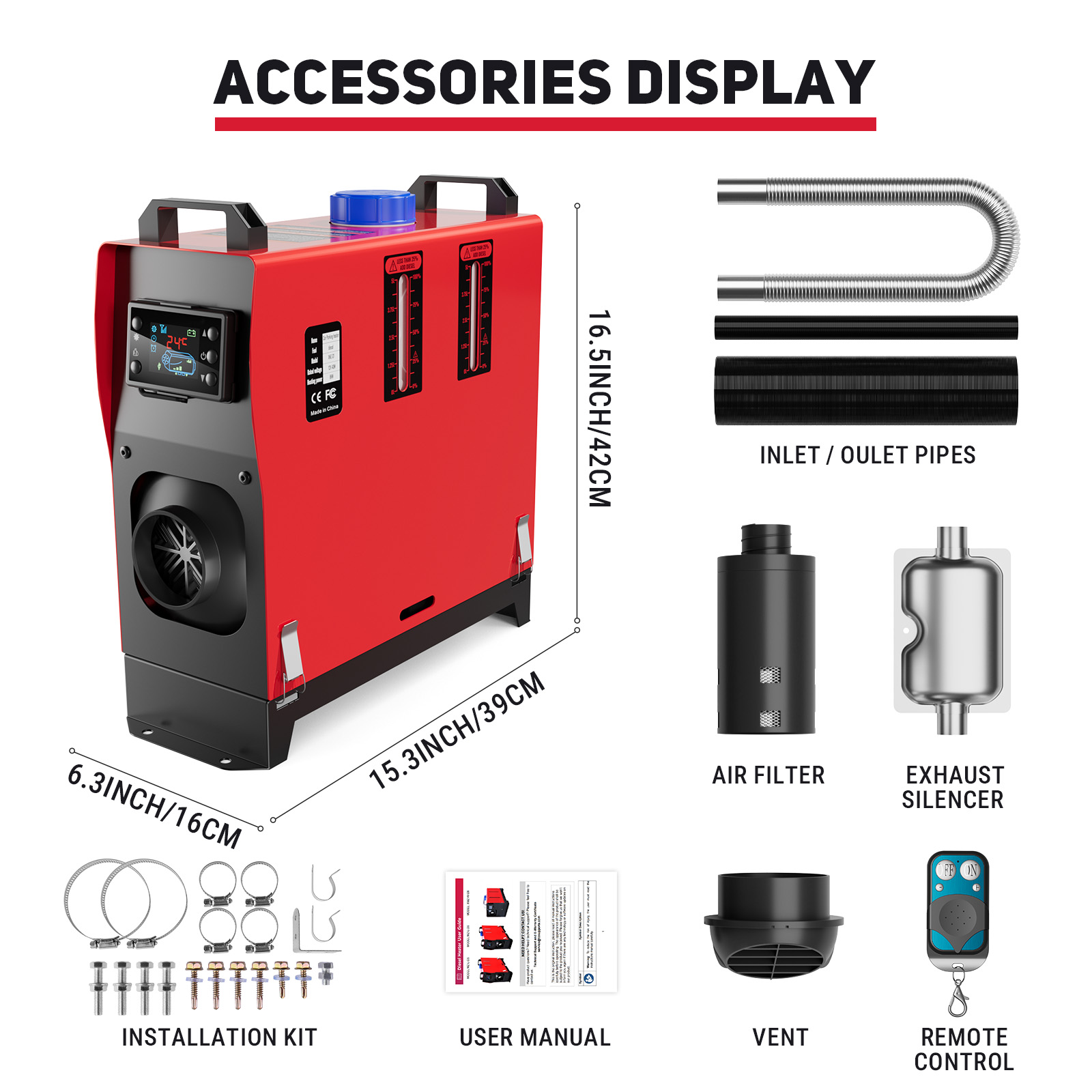 A red 8KW diesel air heater with labeled dimensions (15.3"x6.3"x16.5") and included accessories: inlet/outlet pipes, air filter, exhaust silencer, vent, remote control, installation kit, and user manual.