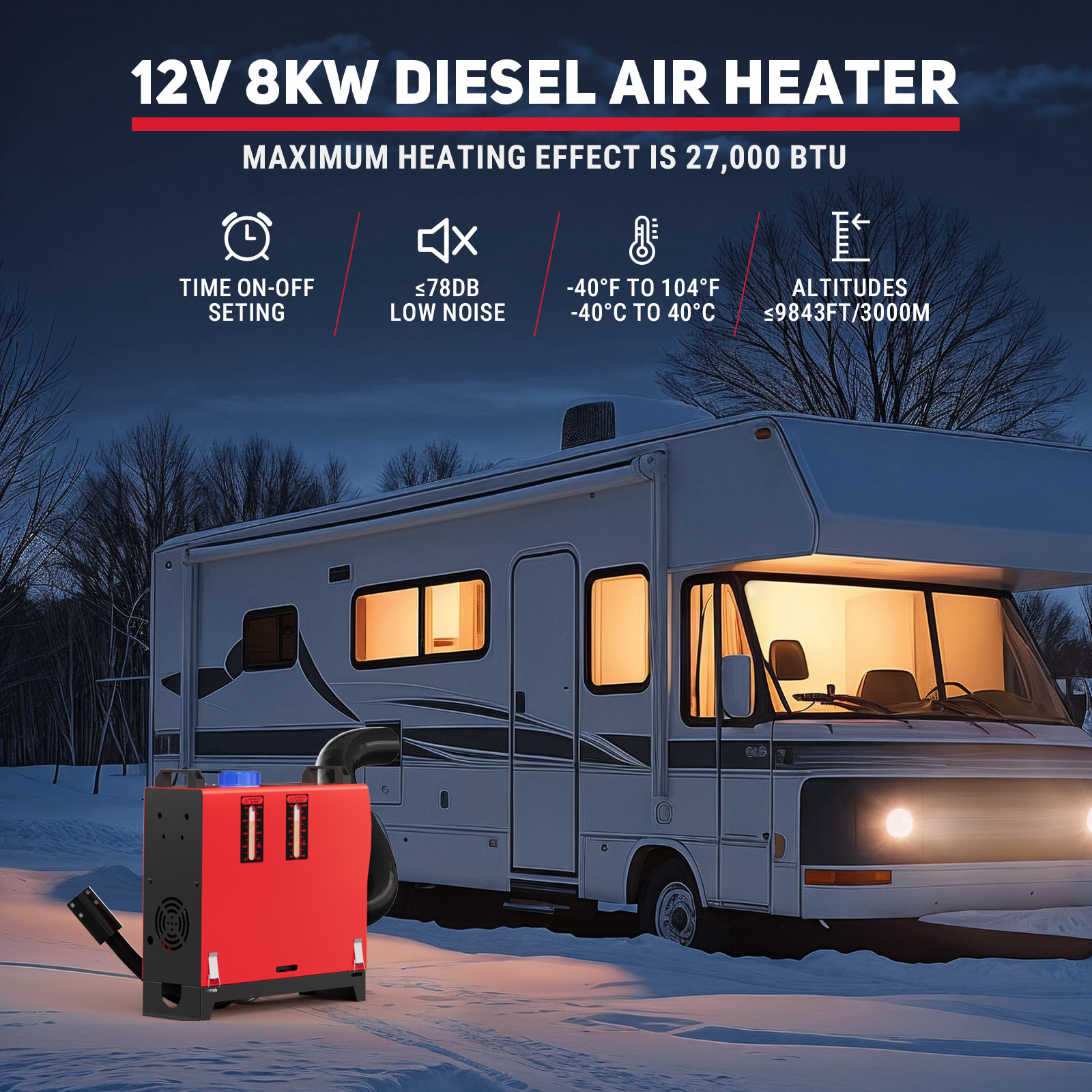 A 12V 8KW diesel air heater displayed outside an RV on a snowy night, emphasizing its 27,000 BTU heating capacity, time on-off setting, low noise (≤78dB), and operation at altitudes up to 3000m.