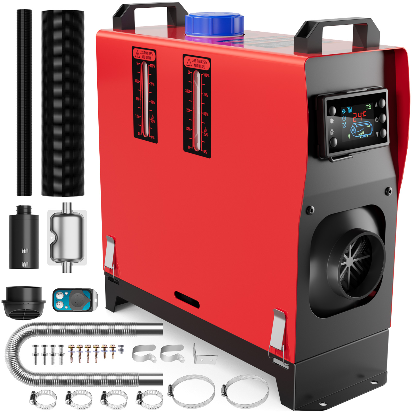 A red 8KW 12V diesel air heater with an integrated design featuring dual fuel level indicators, an LCD control panel, and accessories including pipes, clamps, a silencer, and a remote control.