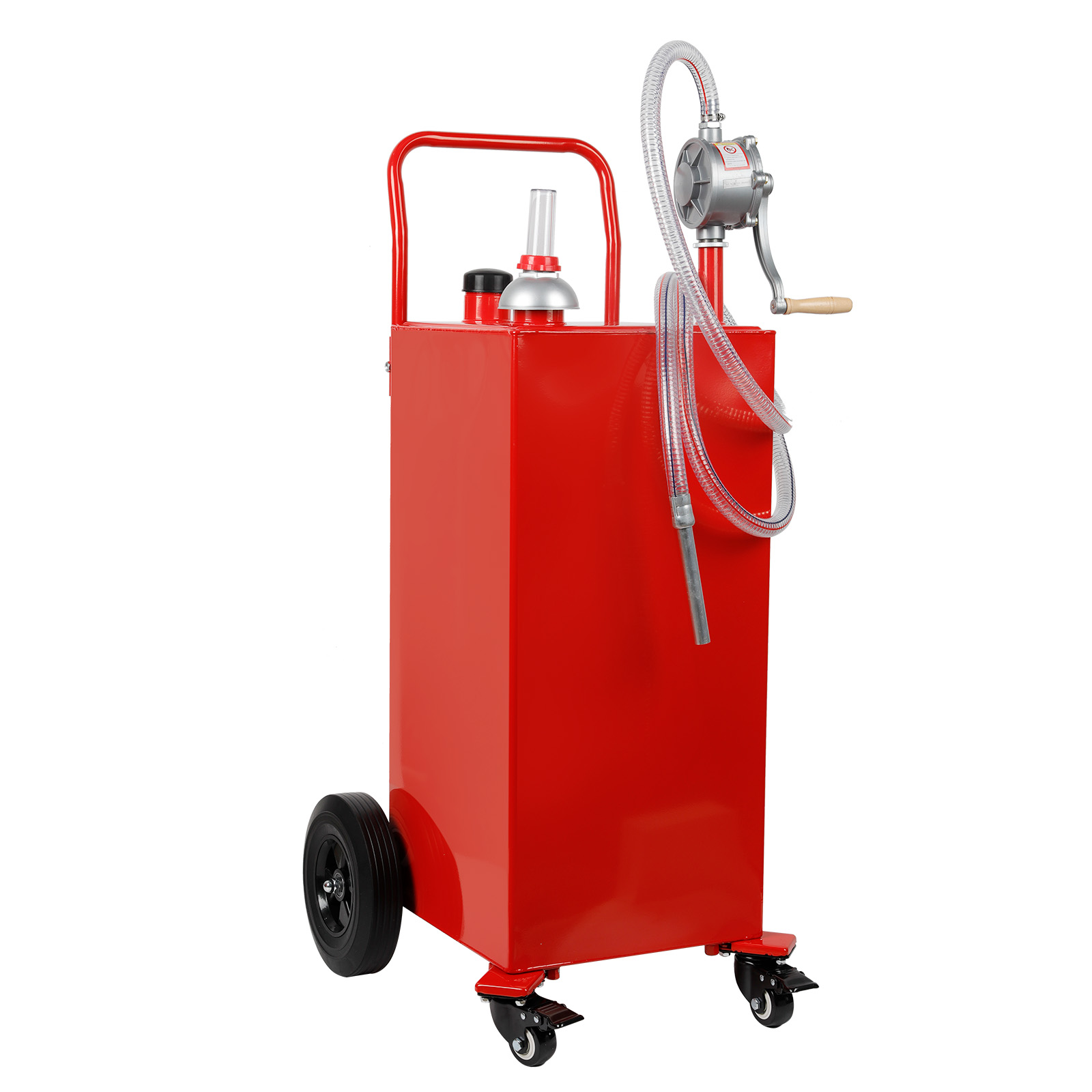 BreAro 30 Gallon Fuel Storage Tank with Hand Siphon Pump, featuring durable red steel body, integrated hose, and bi-directional rotary pump. Portable with large wheels for easy transport.