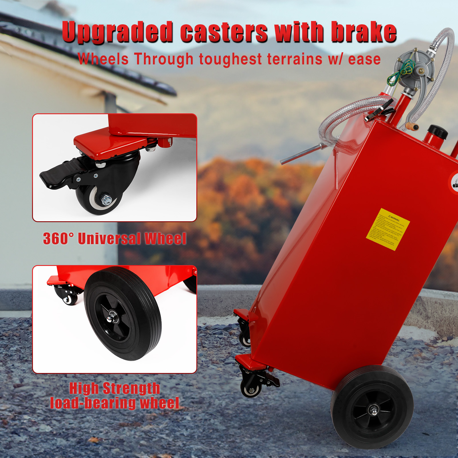 BreAro fuel storage tank with upgraded casters featuring 360° universal wheels and high-strength load-bearing wheels for easy movement across tough terrains. Includes a brake for added stability. 