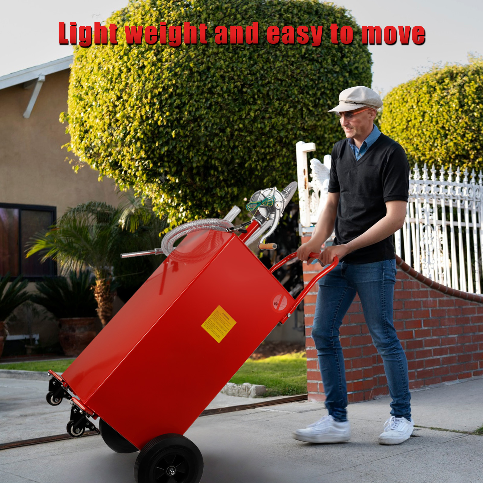 Lightweight BreAro fuel storage tank being easily moved by a person. The portable design, with durable casters and a convenient handle, allows effortless transportation.