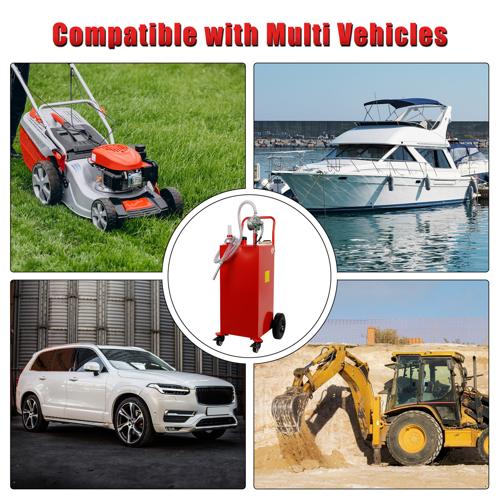 BreAro fuel storage tank compatible with various vehicles including lawnmowers, boats, cars, and construction machinery. Ideal for fueling multiple types of equipment and vehicles.