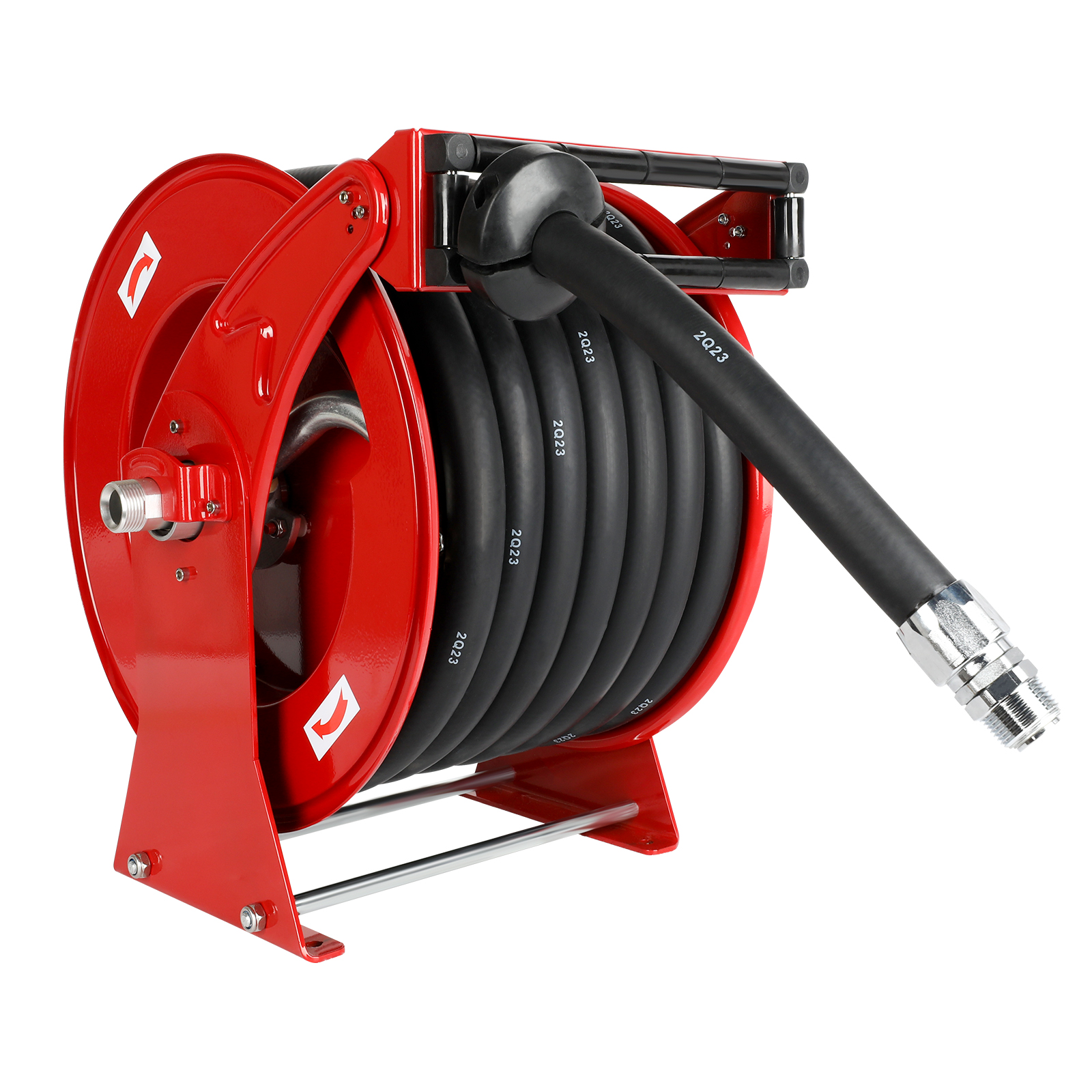 A red 1 inch x 50FT retractable fuel hose reel featuring a heavy-duty rubber hose, durable steel frame, and leak-resistant brass fittings, designed for industrial and commercial fueling applications.