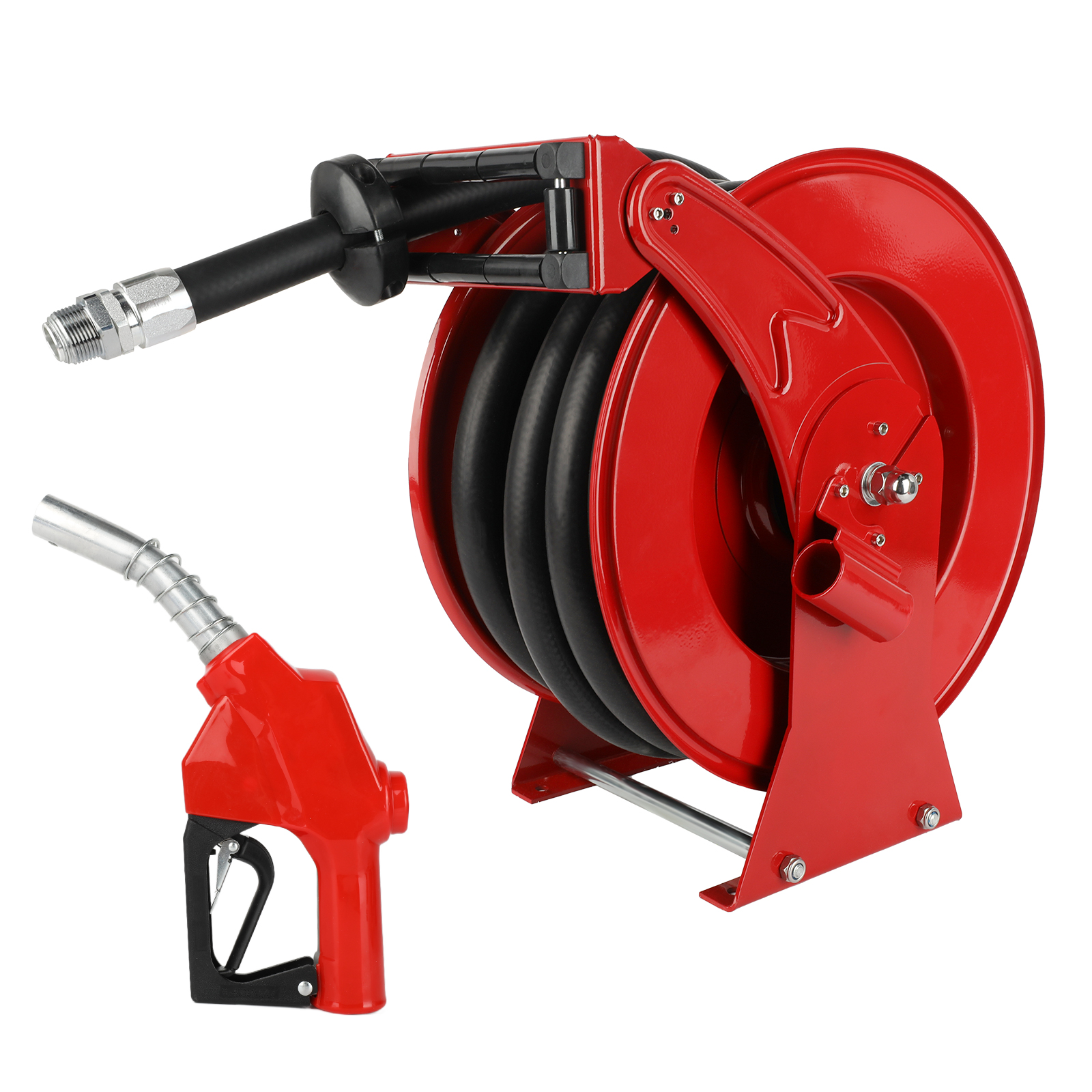 A heavy-duty red retractable fuel hose reel featuring a durable black hose and an automatic refueling gun. The reel is constructed with sturdy steel and designed for industrial use, suitable for diesel and kerosene applications in aircraft, ships, vehicles, and tanker trucks. Includes a detachable red fuel nozzle.