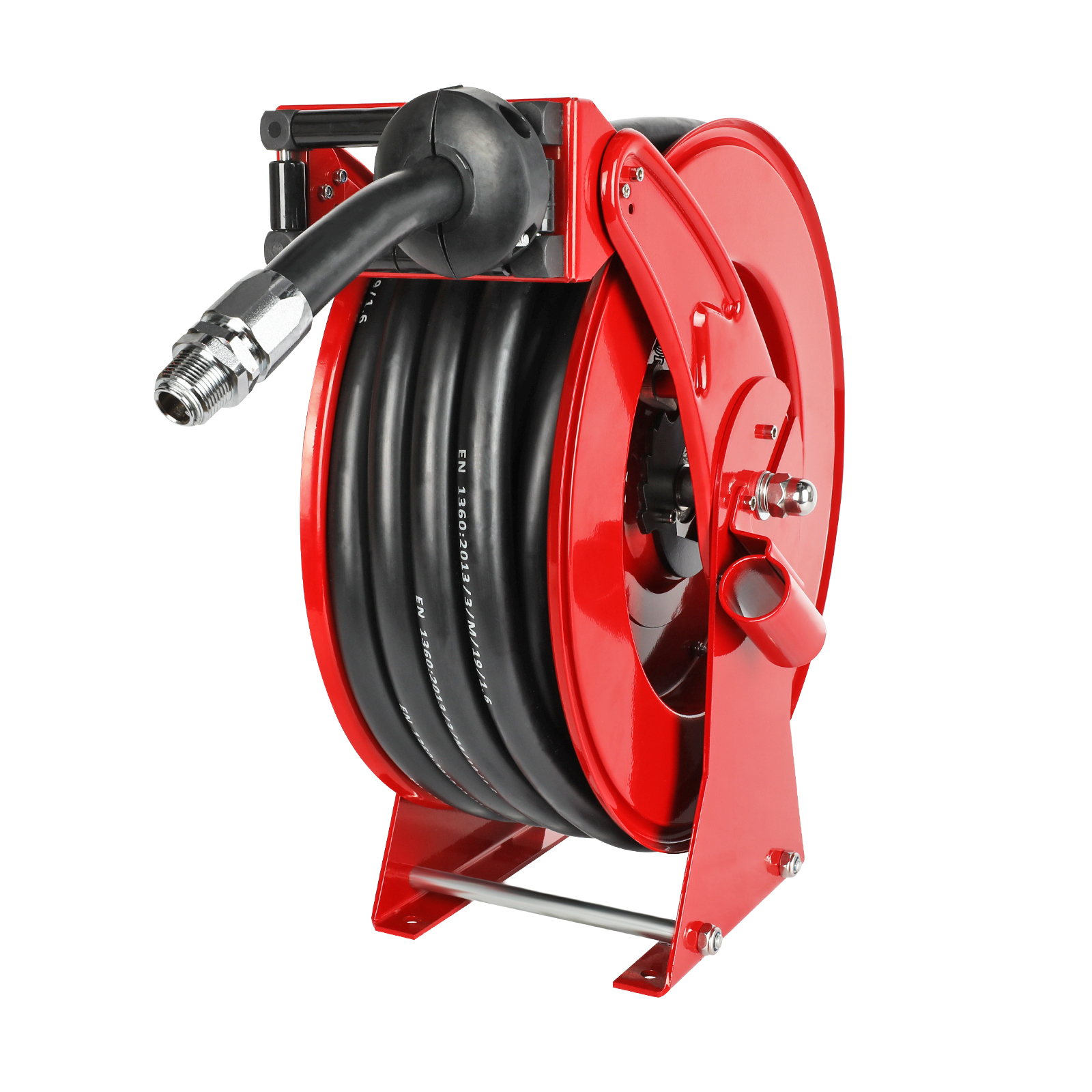 Red industrial-grade retractable fuel hose reel with a robust steel frame and heavy-duty rubber hose. Designed for fuel transfer, the reel features a spring-driven automatic rewind mechanism, adjustable hose stopper, and a corrosion-resistant powder-coated finish. The 3/4-inch diameter hose offers durability and flexibility, suitable for various applications such as trucks, farms, and industrial sites.
