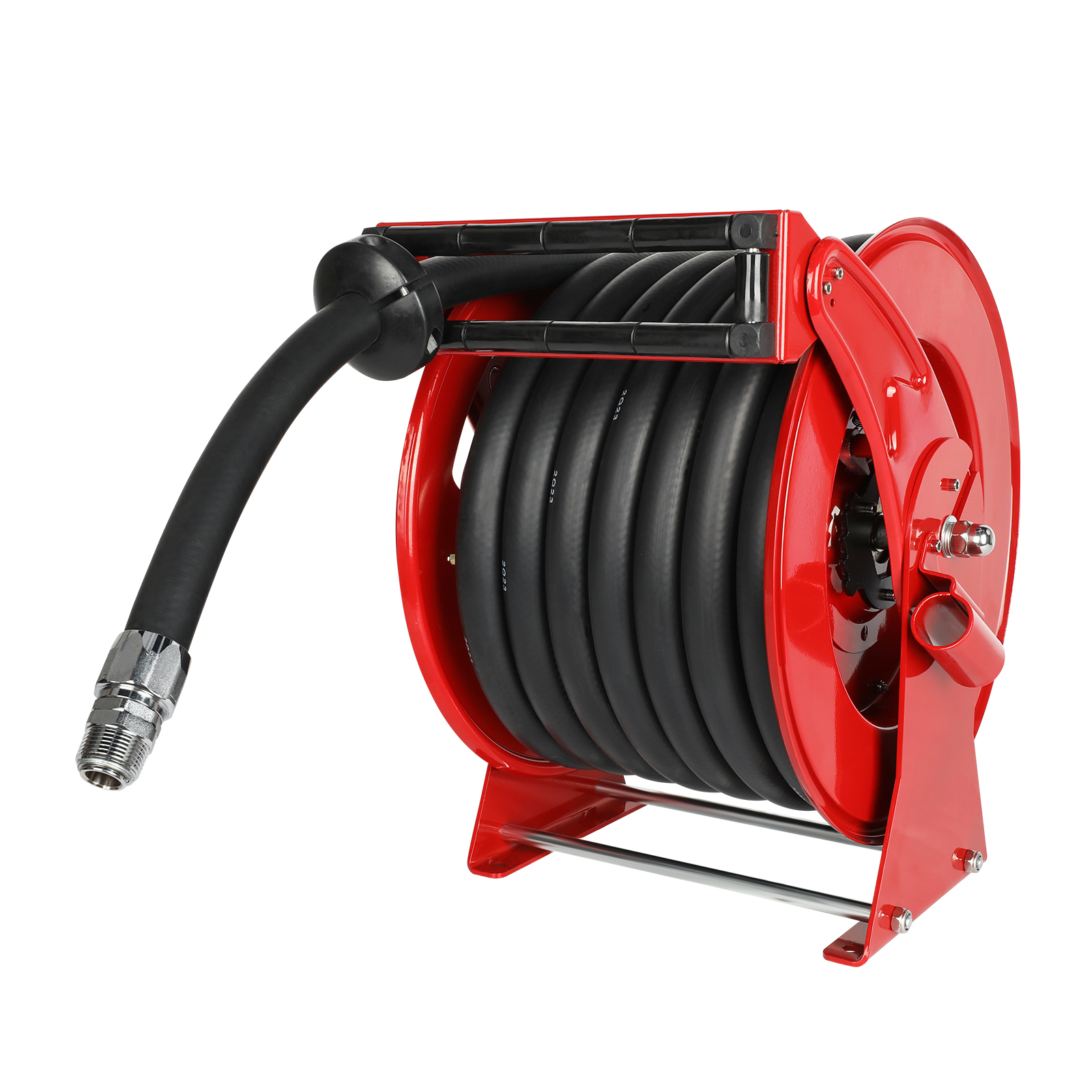 A heavy-duty industrial fuel hose reel featuring a 50-foot 1-inch rubber hose coiled neatly around a durable red powder-coated steel frame. Designed for high-pressure fuel transfer applications, it includes a reinforced inlet connector and adjustable hose stopper, ideal for industrial, agricultural, and transportation use.