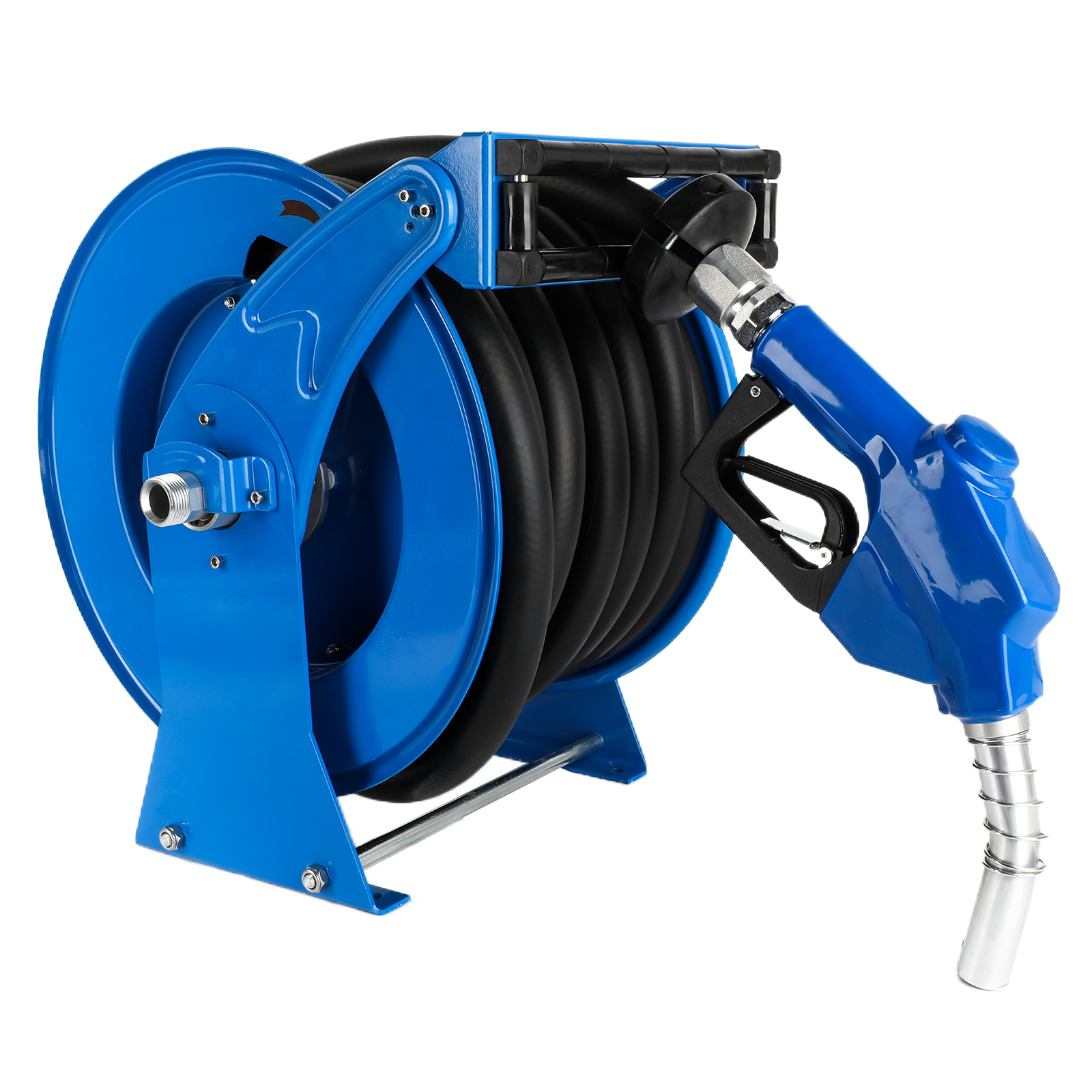 BreAro 1" x 50' Blue Diesel Fuel Hose Reel with automatic fueling nozzle for efficient, spill-free fueling. Ideal for industrial and commercial use, with a durable steel frame and high-performance rubber hose.