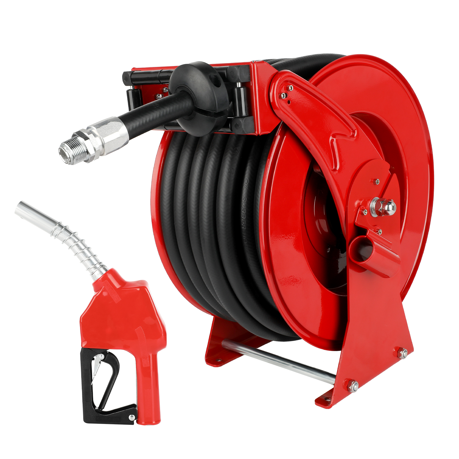 Red industrial fuel hose reel with 66ft hose and fueling nozzle, designed for efficient refueling, featuring a self-retracting system and durable construction for heavy-duty use.