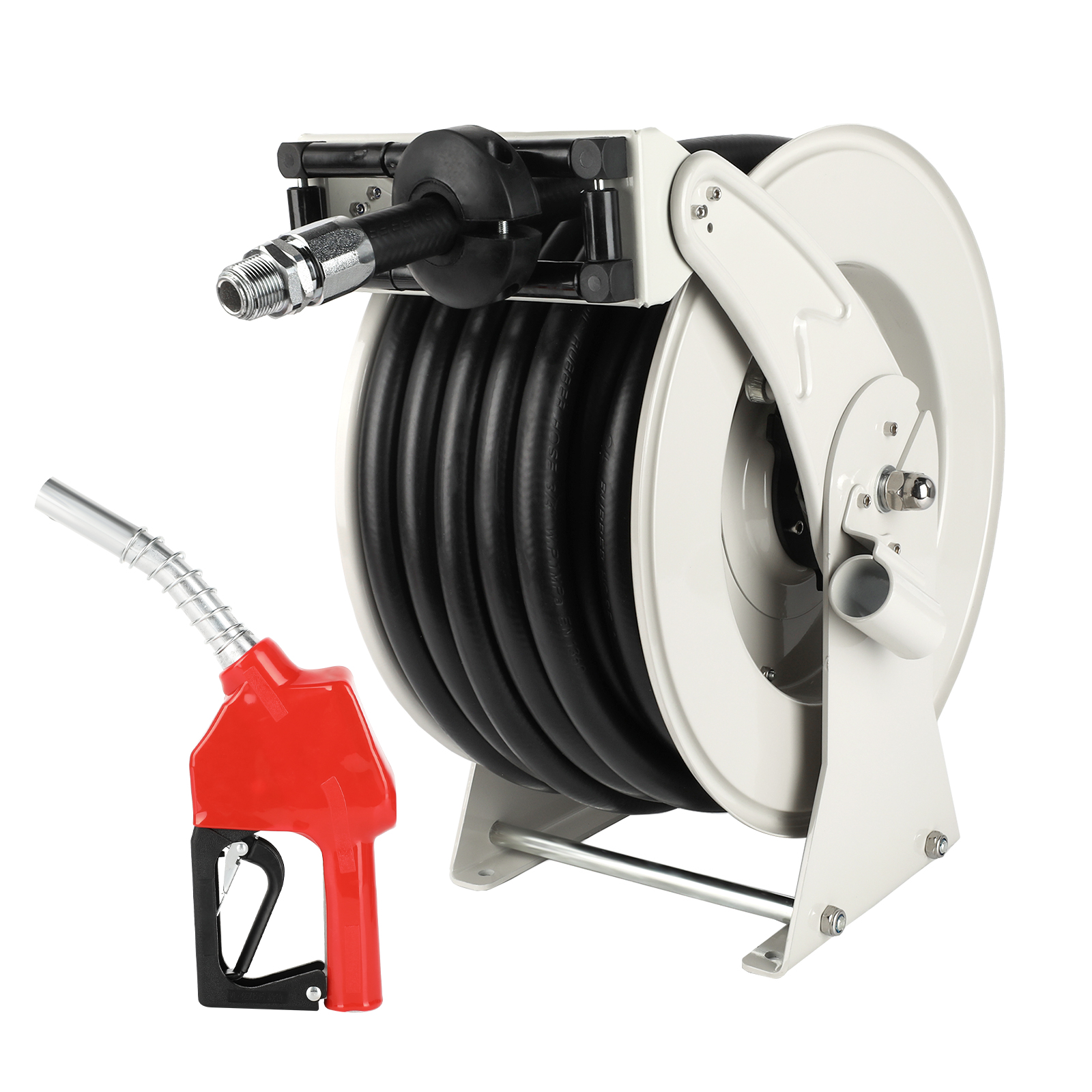 BreAro 3/4" x 66' retractable fuel hose reel featuring an automatic nozzle for efficient fuel dispensing. Ideal for use in industrial, commercial, and heavy-duty applications with easy hose retraction and durable construction.