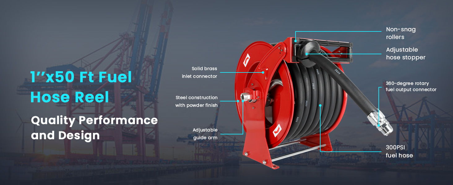 1" x 50 ft fuel hose reel featuring a solid brass inlet connector, steel construction with powder finish, non-snag rollers, adjustable guide arm, and 300 PSI fuel hose for industrial use.