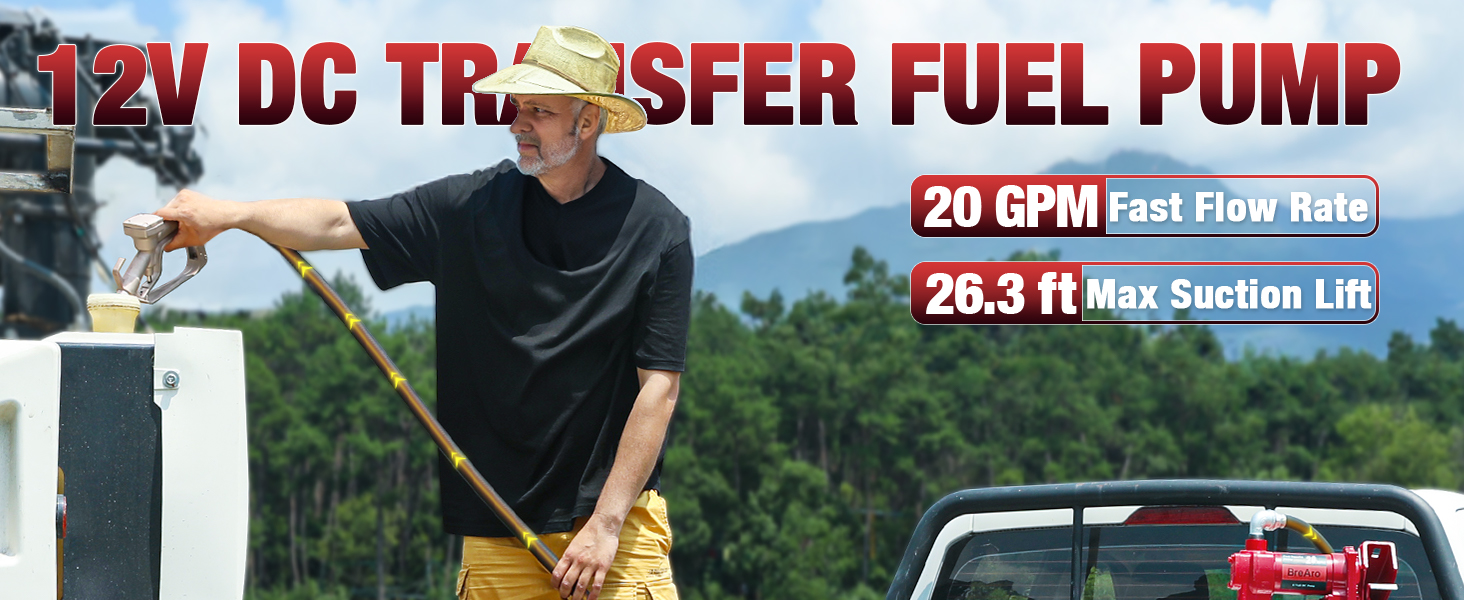 Man using a 12V DC fuel transfer pump with a 20 GPM flow rate and 26.3 ft max suction lift to refuel equipment, set in an outdoor environment with trees and mountains in the background.