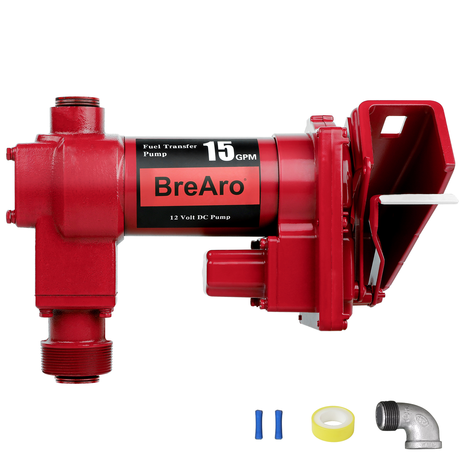 BreAro 15 GPM 12V fuel transfer pump with a durable red cast iron build, labeled for efficient fuel transfer. Includes accessories: 1-inch NPT street elbow connector, heat shrink tubing, and PTFE seal tape roll, shown together for a complete setup.