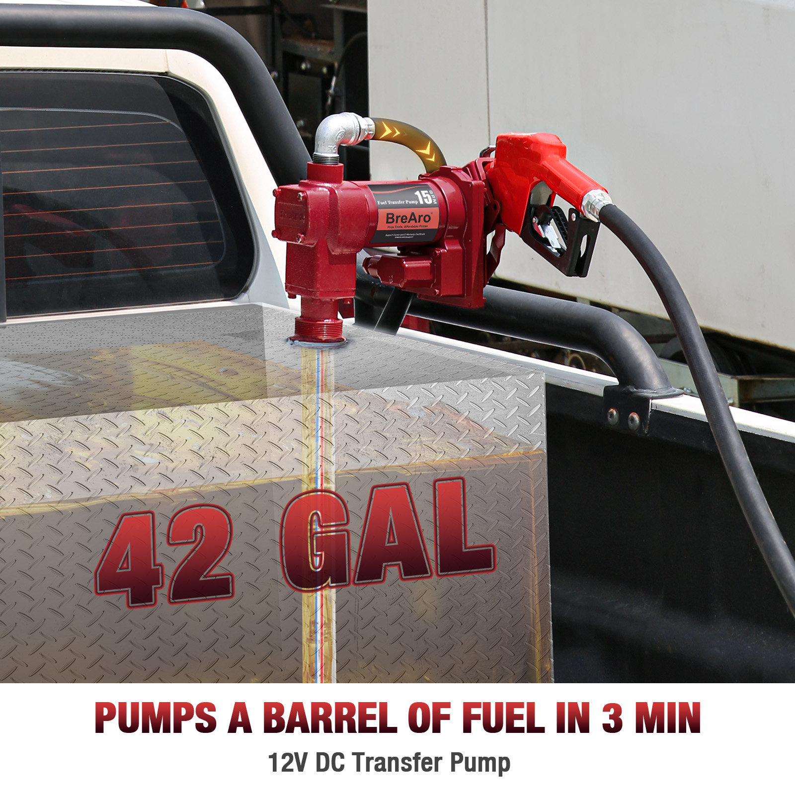 BreAro 15 GPM 12V fuel transfer pump installed on a fuel tank, capable of pumping 42 gallons of fuel in 3 minutes. Durable and efficient design, ideal for industrial and outdoor fueling applications.