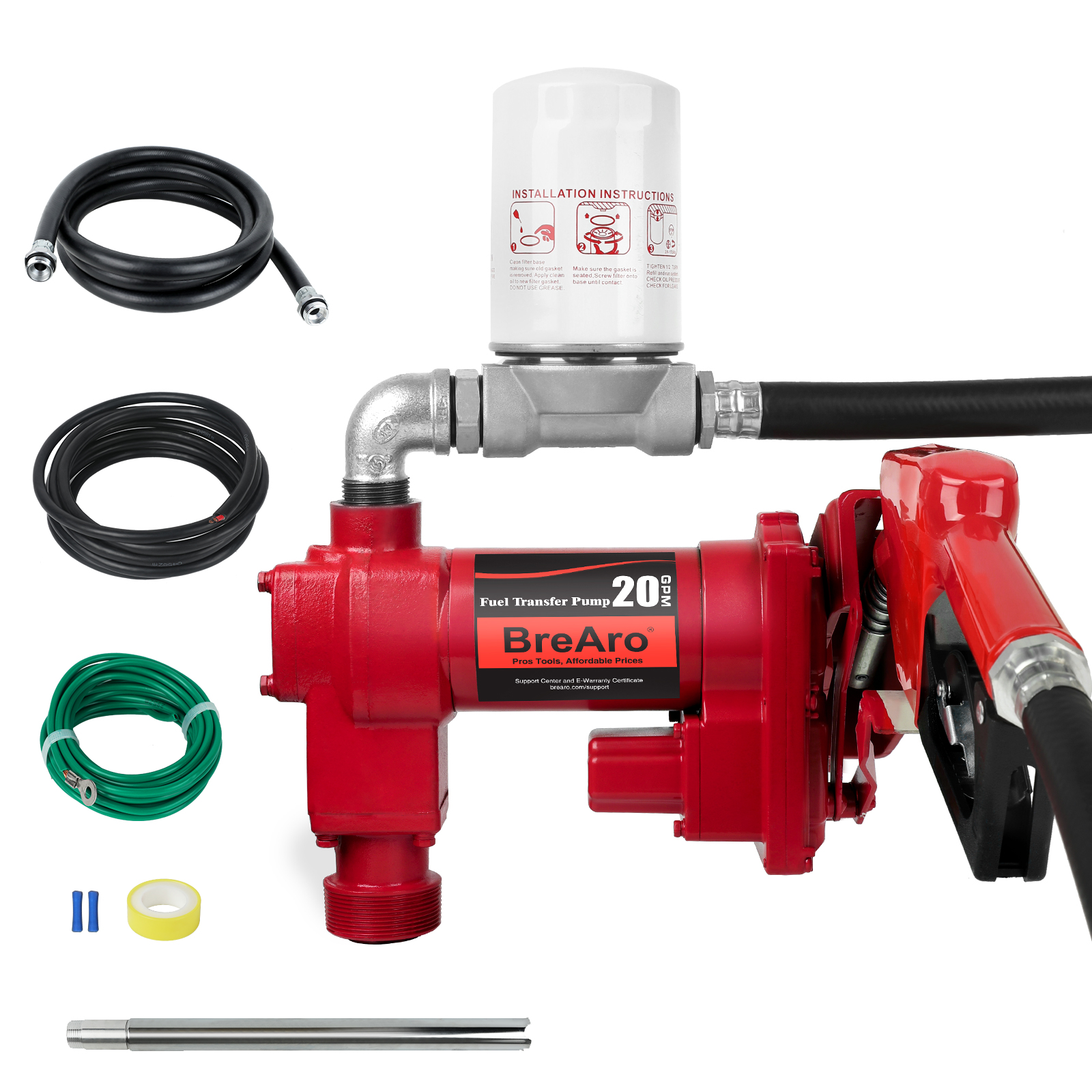 A red BreAro 20 GPM fuel transfer pump kit featuring all key components and accessories. The main unit is a durable cast iron fuel pump with branding that reads “BreAro” and “20 GPM.” It includes a mounted premium filter on top and an automatic fuel nozzle on the right side. Accessories include fuel hoses, electrical wiring, an installation rod, sealing tape, and other essential installation tools. The design is industrial-grade, ideal for transferring diesel, gasoline, and various other fuels.