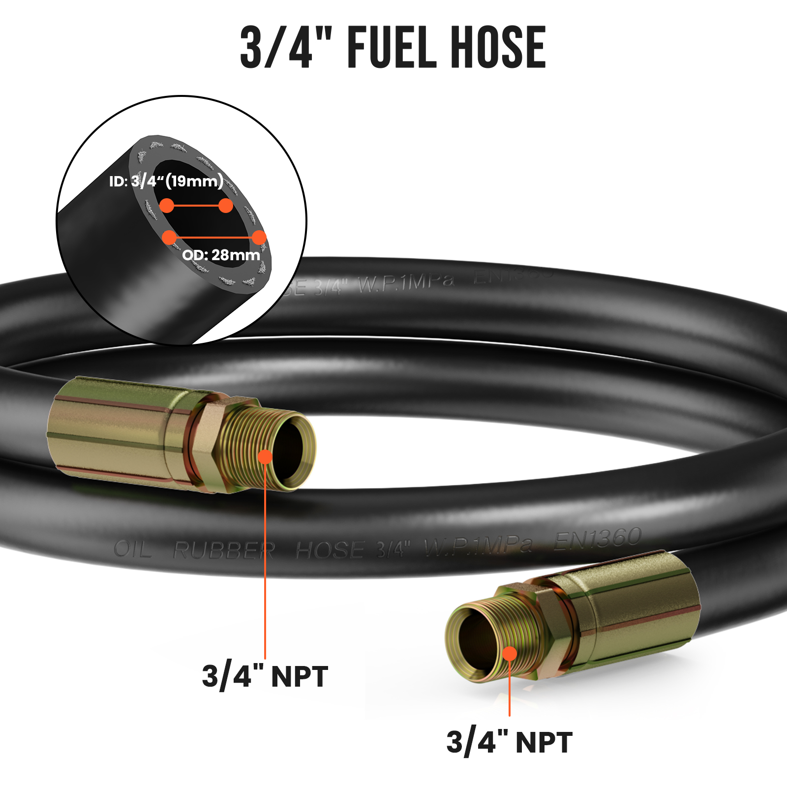 BreAro 3/4-inch fuel transfer hose with 3/4" NPT male fittings, featuring an inner diameter of 19mm and outer diameter of 28mm. Designed for durability, flexibility, and compatibility with various fuel types.