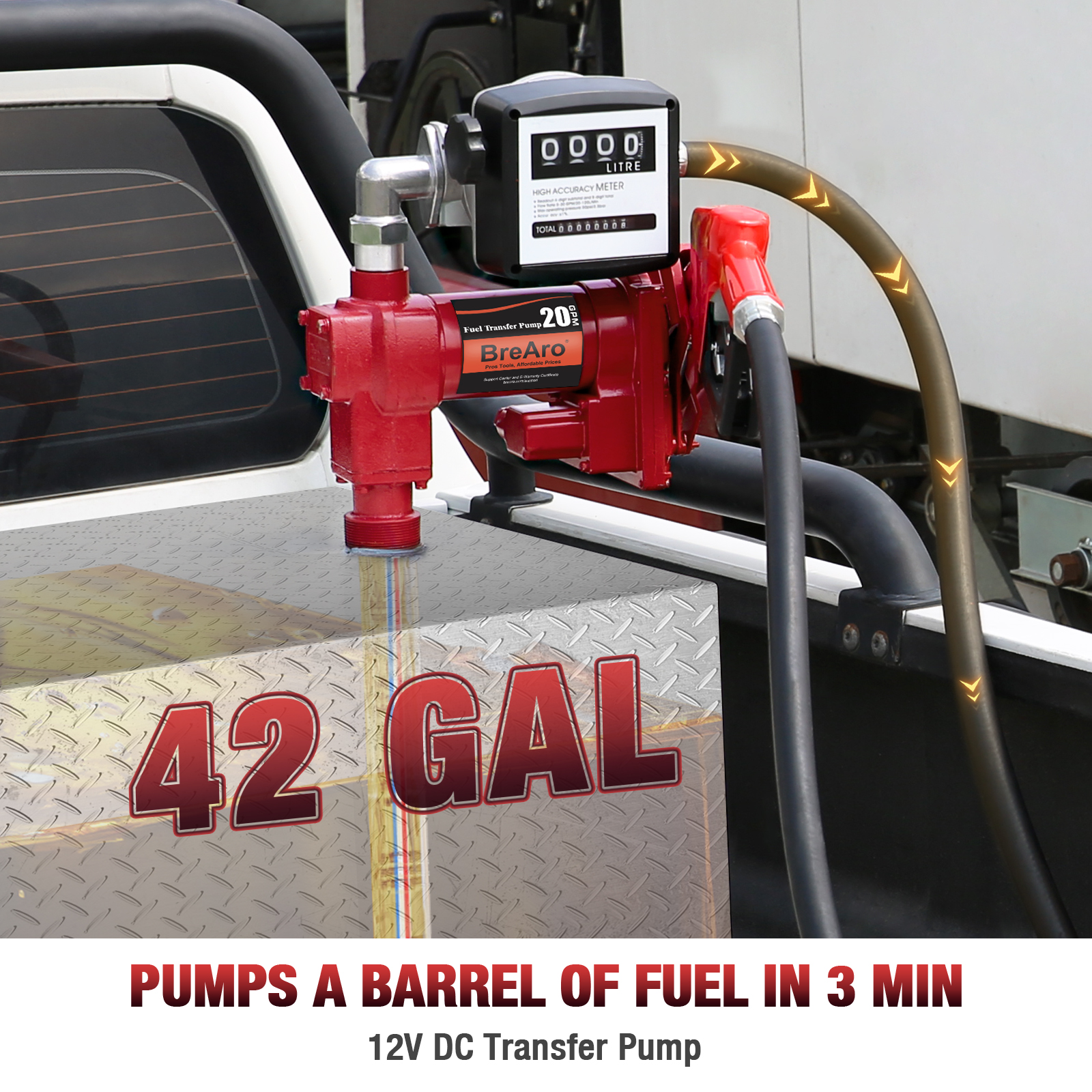The BreAro 20 GPM 12V fuel transfer pump is mounted on a 42-gallon metal fuel tank, featuring a high-accuracy mechanical meter and an automatic nozzle. This durable pump efficiently transfers fuel, capable of pumping a barrel of fuel in just 3 minutes. Designed for gasoline, diesel, kerosene, and biodiesel, it is ideal for industrial and commercial applications.