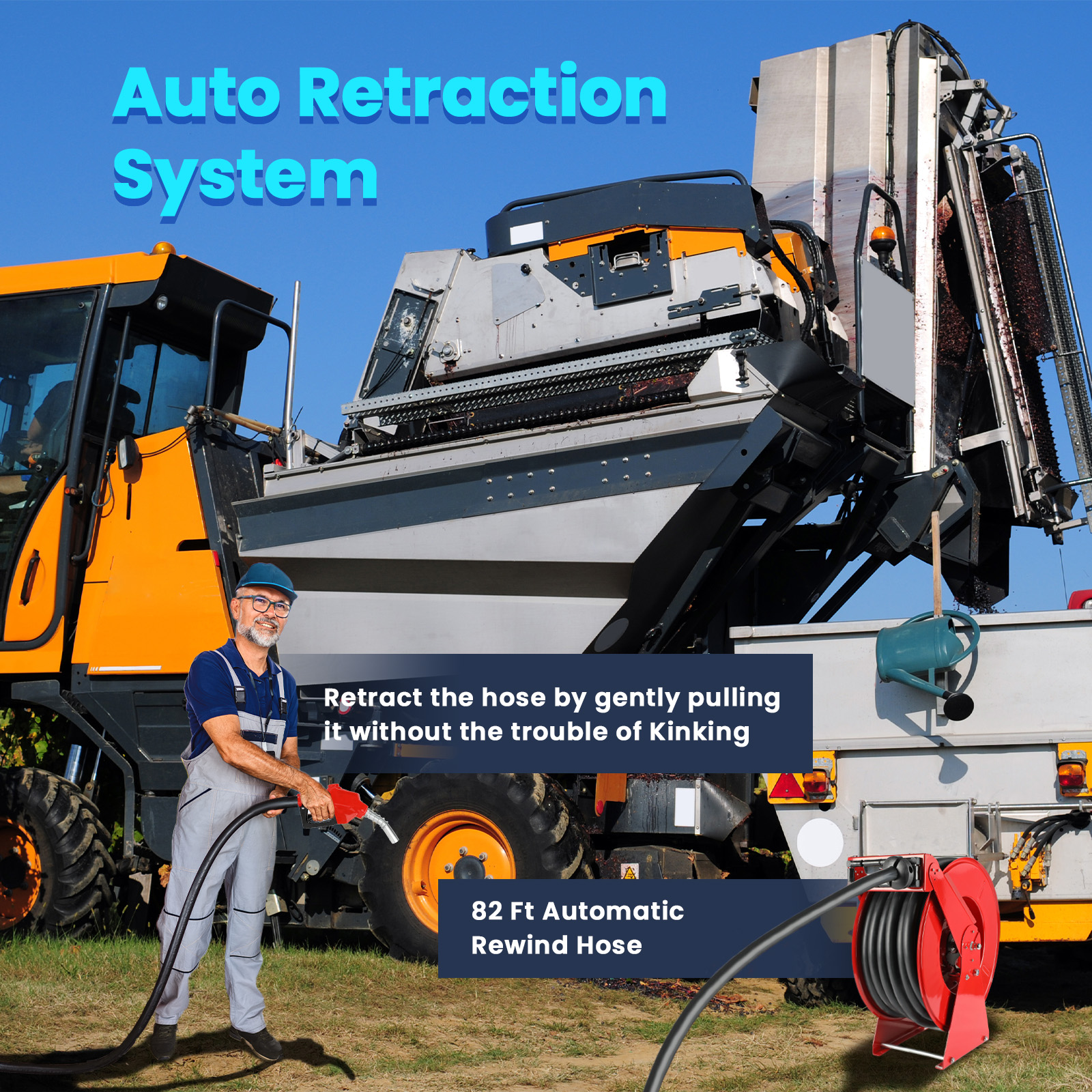 Brearo 1" x 82ft Retractable Diesel Fuel Hose Reel - Heavy Duty Spring Driven, Auto Retract, 300 PSI, Industrial Hose Reel for Aircraft, Trucks, Ships, & Vehicles