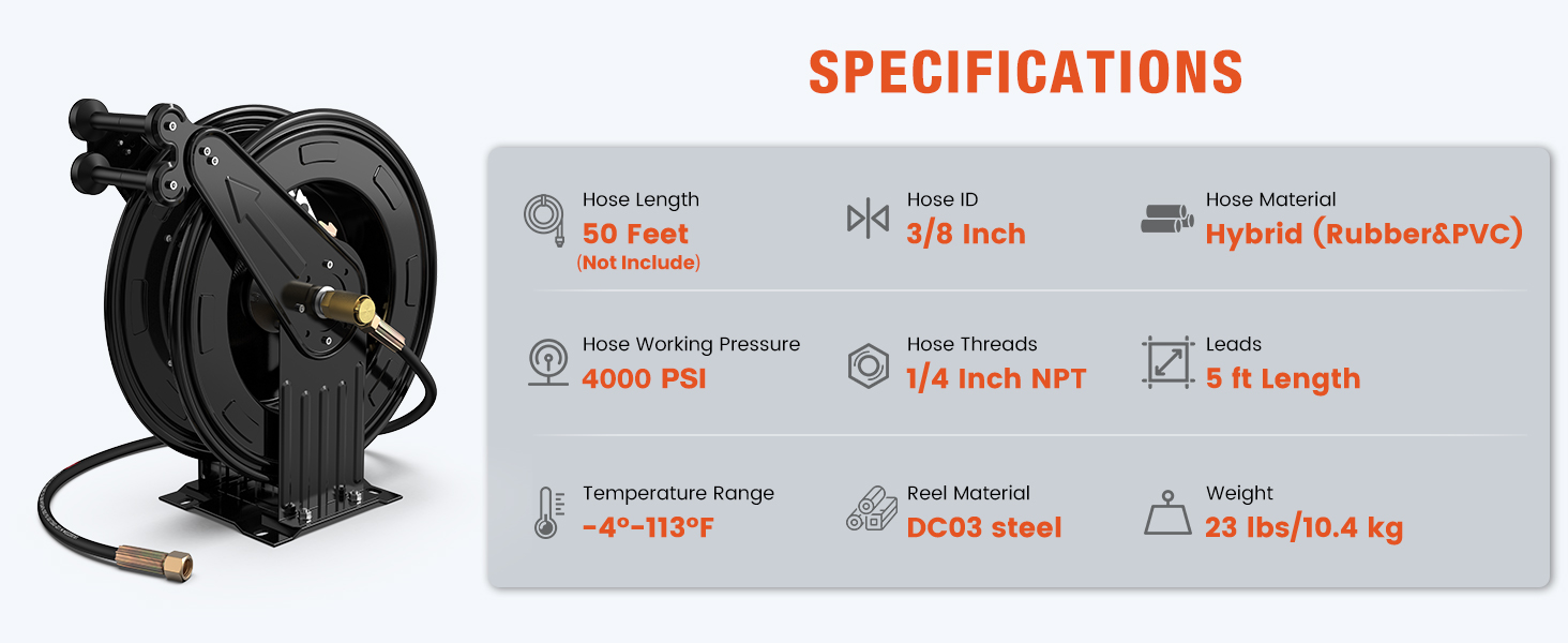 BreAro retractable hose reel specifications: 50 ft length, 3/8" ID, hybrid rubber & PVC material, 4000 PSI, -4°F to 113°F temperature range, DC03 steel reel, 5 ft lead, 23 lbs weight, and 1/4" NPT threads.