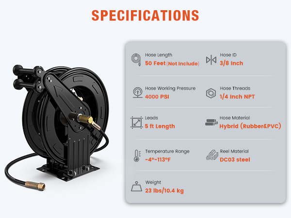 BreAro retractable hose reel specifications: 50 ft length, 3/8" ID, hybrid rubber & PVC material, 4000 PSI, -4°F to 113°F temperature range, DC03 steel reel, 5 ft lead, 23 lbs weight, and 1/4" NPT threads.