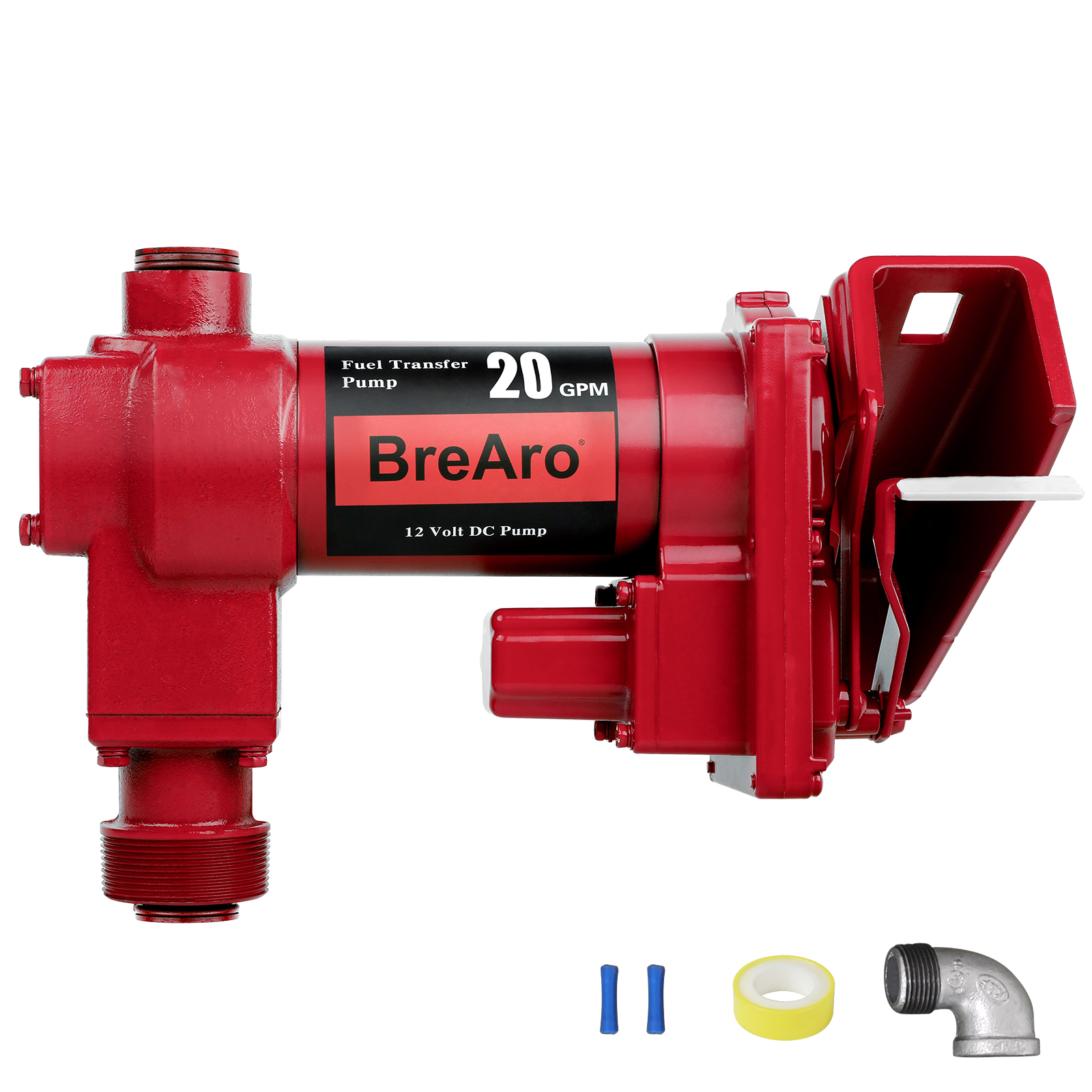 The BreAro 20 GPM 12V fuel transfer pump features a durable cast iron construction and high-performance design for efficient fuel transfer. The pump includes essential accessories such as connectors, sealing tape, and a 90-degree elbow fitting. Ideal for gasoline, diesel, kerosene, and biodiesel applications, it ensures reliable and safe operation in various environments.