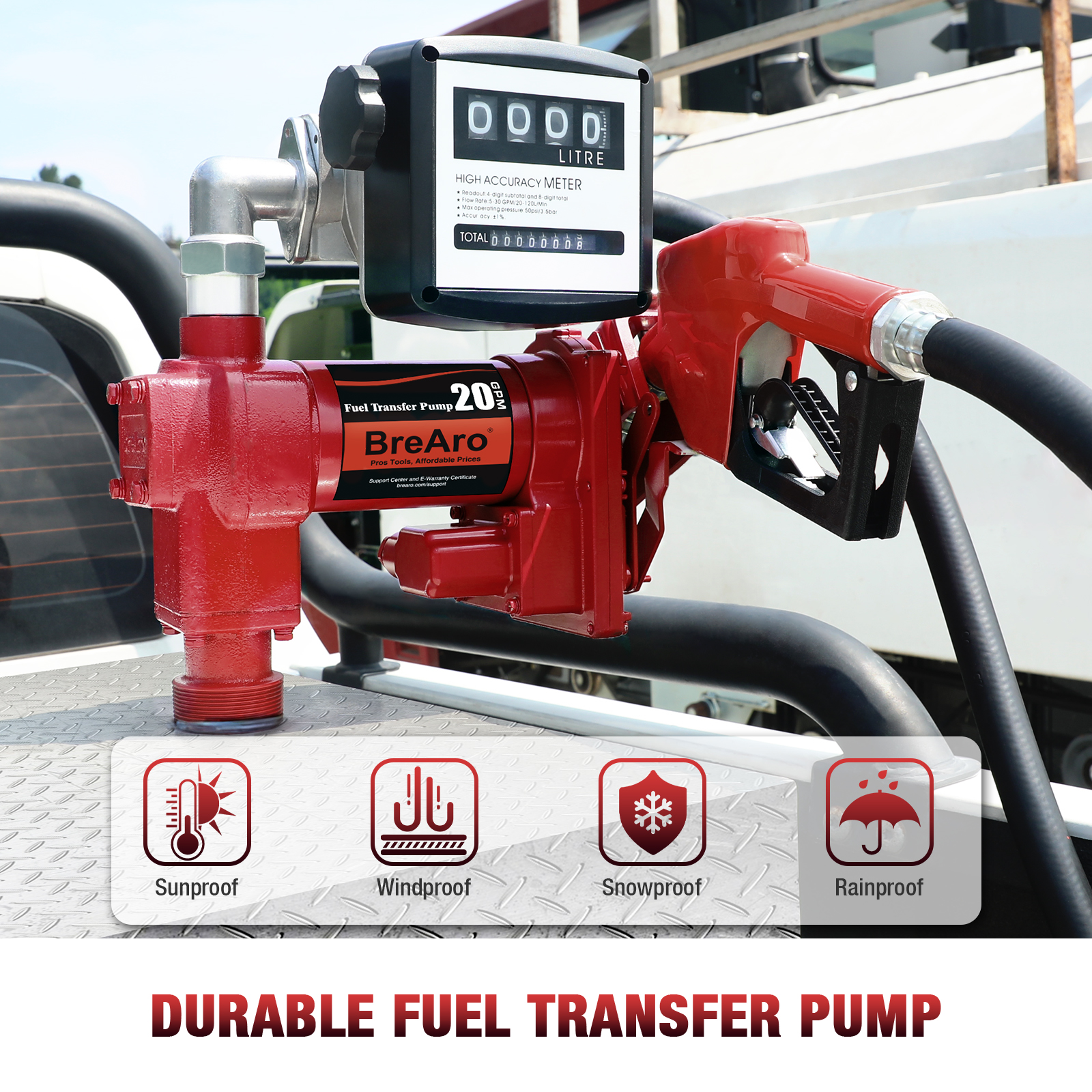 The BreAro 20 GPM 12V fuel transfer pump features a durable cast iron construction, an automatic nozzle, and a high-accuracy mechanical meter. It is designed to withstand various weather conditions, including sun, wind, snow, and rain. Ideal for transferring gasoline, diesel, kerosene, and biodiesel, this pump ensures reliable performance in industrial and commercial applications.