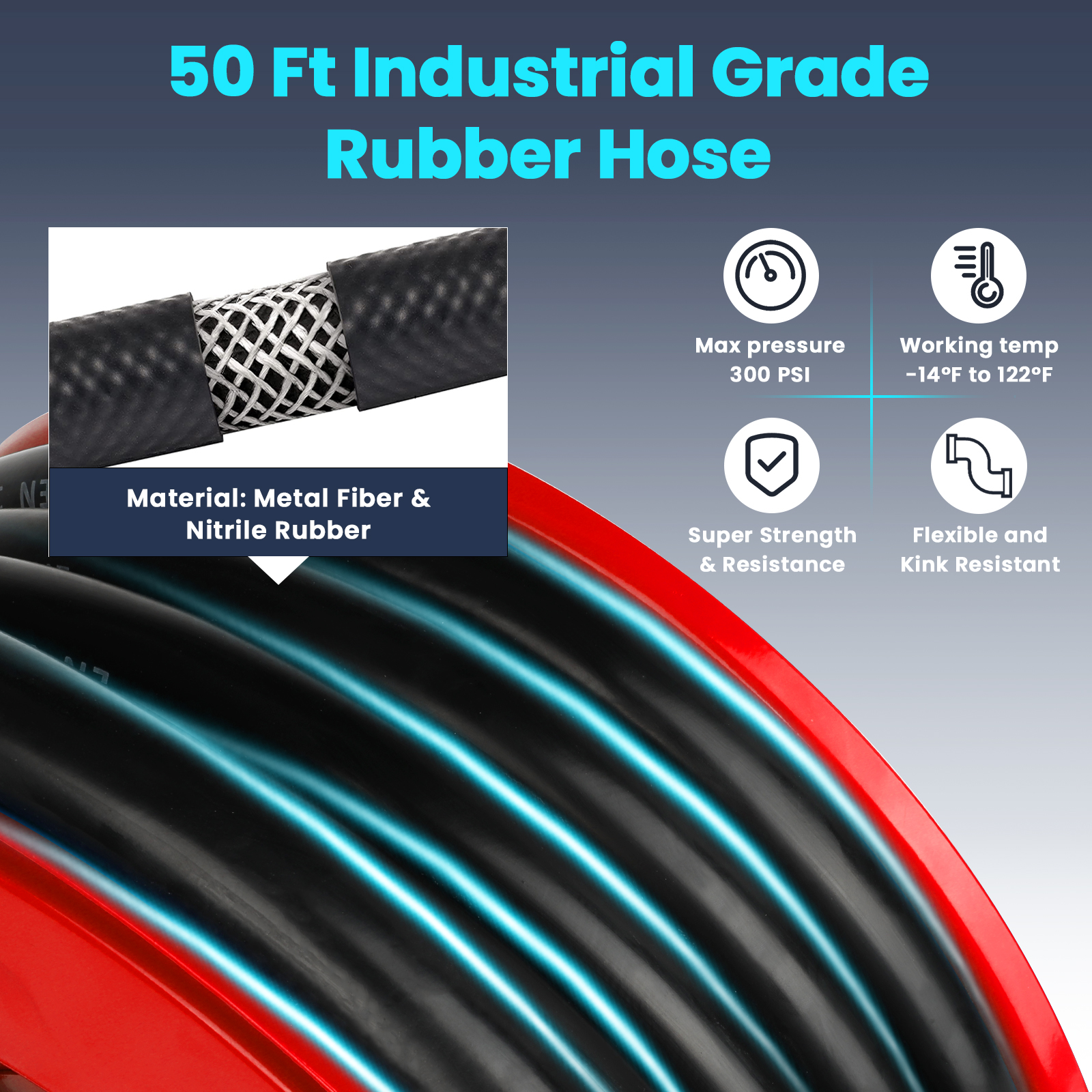 Close-up view of a 50 ft industrial-grade rubber hose featuring a durable material combination of metal fiber and nitrile rubber. Highlights include a 300 PSI maximum pressure capacity, working temperature range of -14°F to 122°F, super strength and resistance, flexibility, and kink resistance, ideal for heavy-duty applications.
