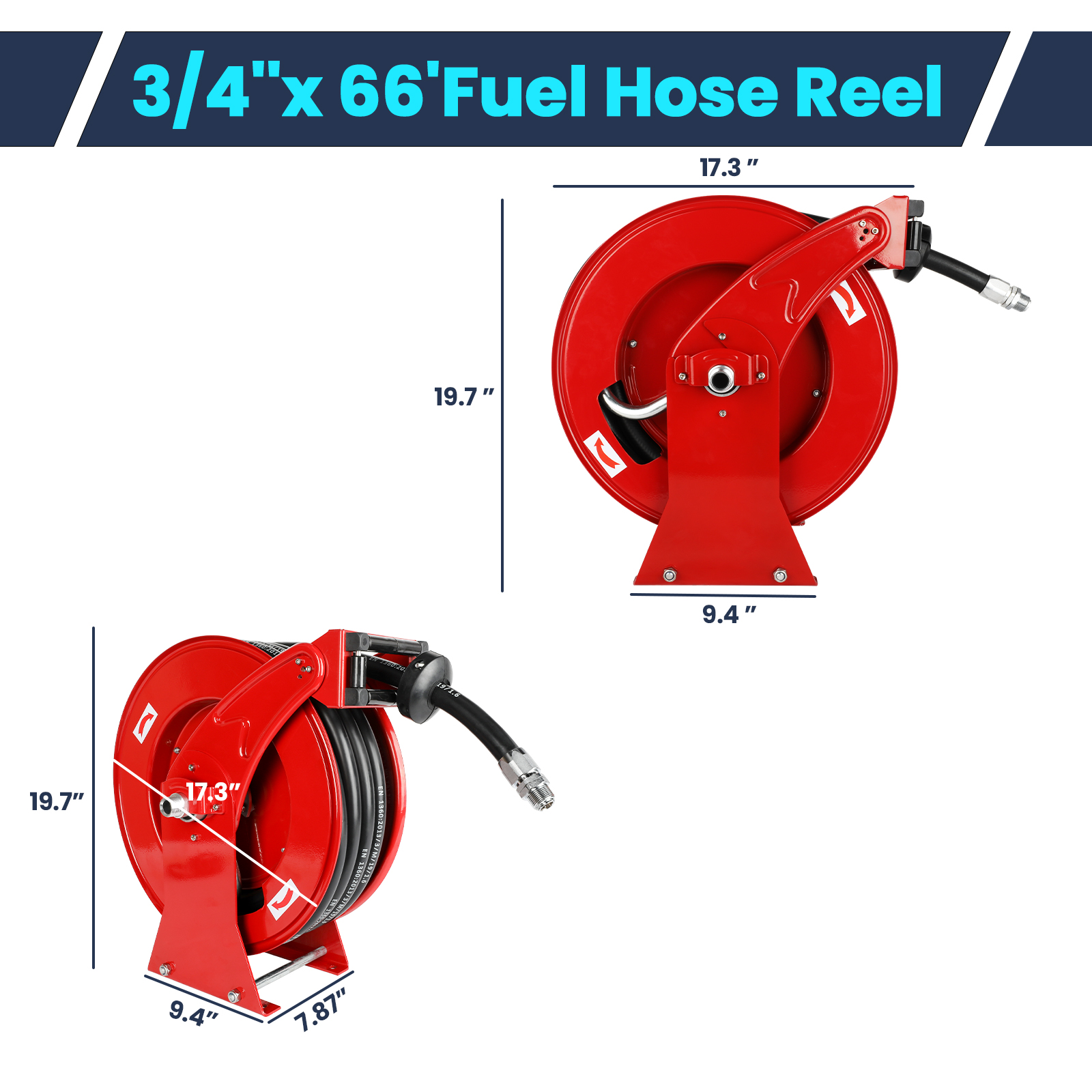 A 3/4"x66' fuel hose reel with detailed dimensions: 19.7" height, 17.3" width, and 9.4" base depth, showcasing its compact and sturdy design suitable for industrial and commercial use.