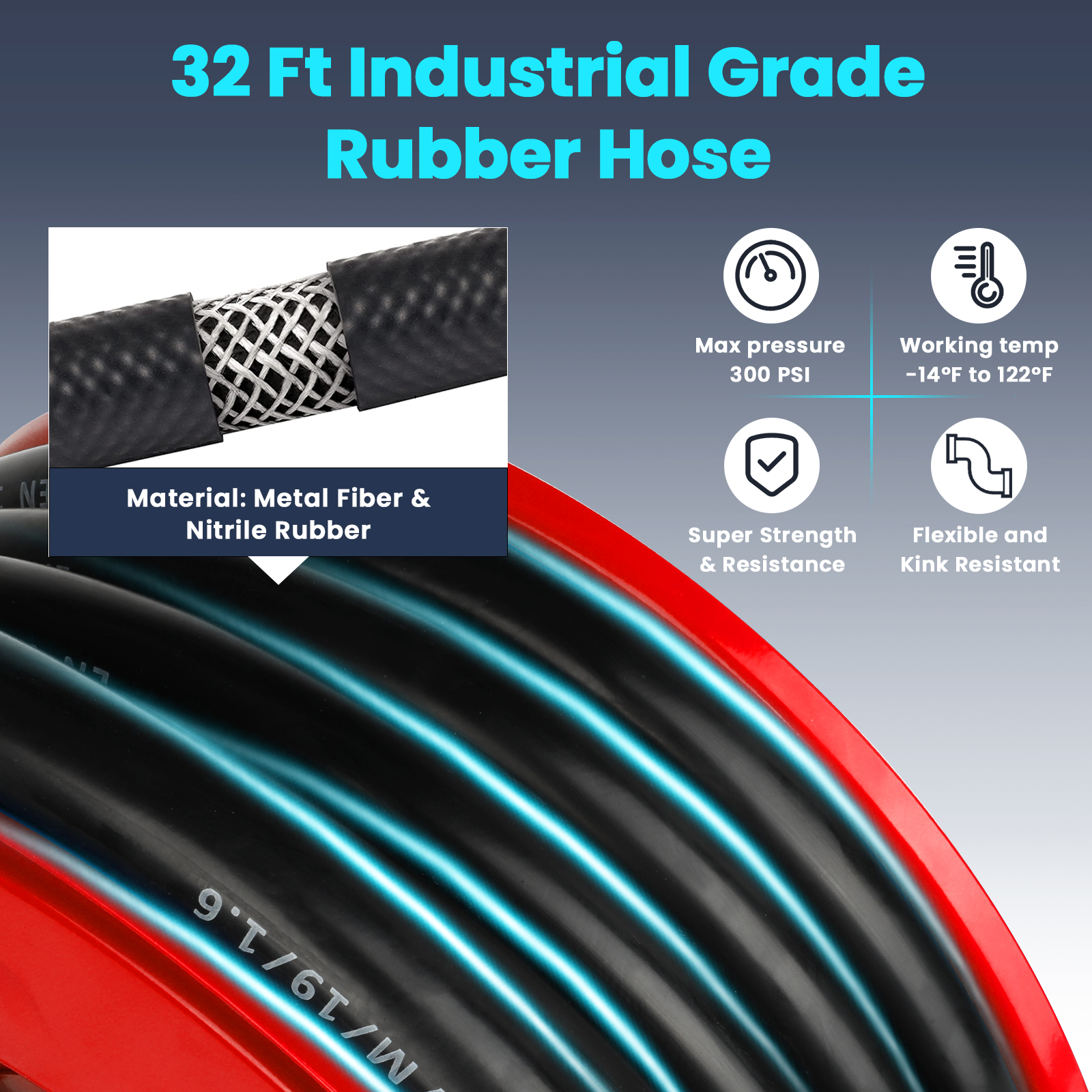 Close-up of a 32 ft industrial-grade rubber hose made of metal fiber and nitrile rubber. Features include a maximum pressure of 300 PSI, a working temperature range from -14°F to 122°F, superior strength and resistance, and flexibility with kink resistance. Designed for heavy-duty fueling applications.