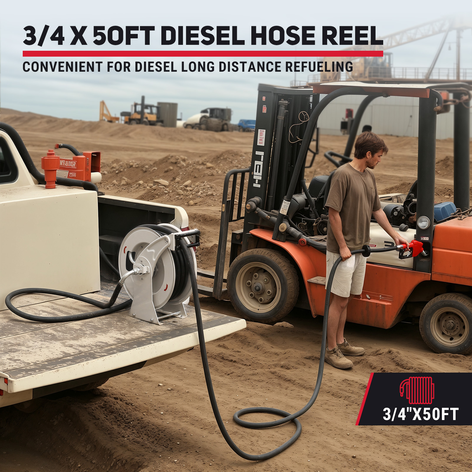 3/4'' x 50ft diesel hose reel used for long-distance refueling, shown in action refueling a forklift at a construction site. Durable and efficient for industrial and heavy-duty fueling needs.