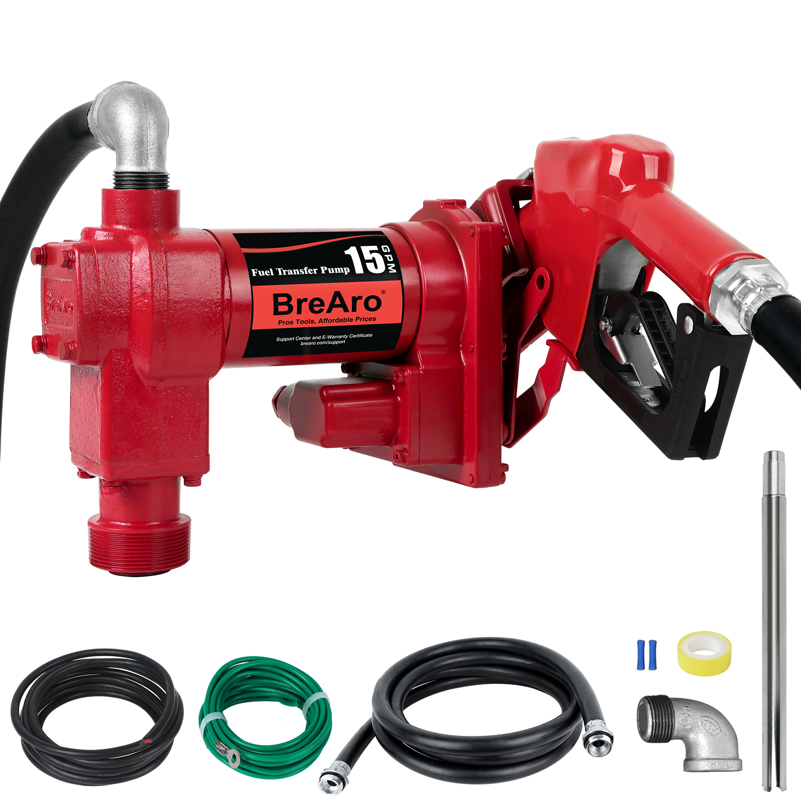 BreAro 15 GPM 12V fuel transfer pump with automatic nozzle, featuring a durable cast iron design and complete accessories including hoses, suction pipe, NPT elbow connector, heat shrink tubing, and seal tape.