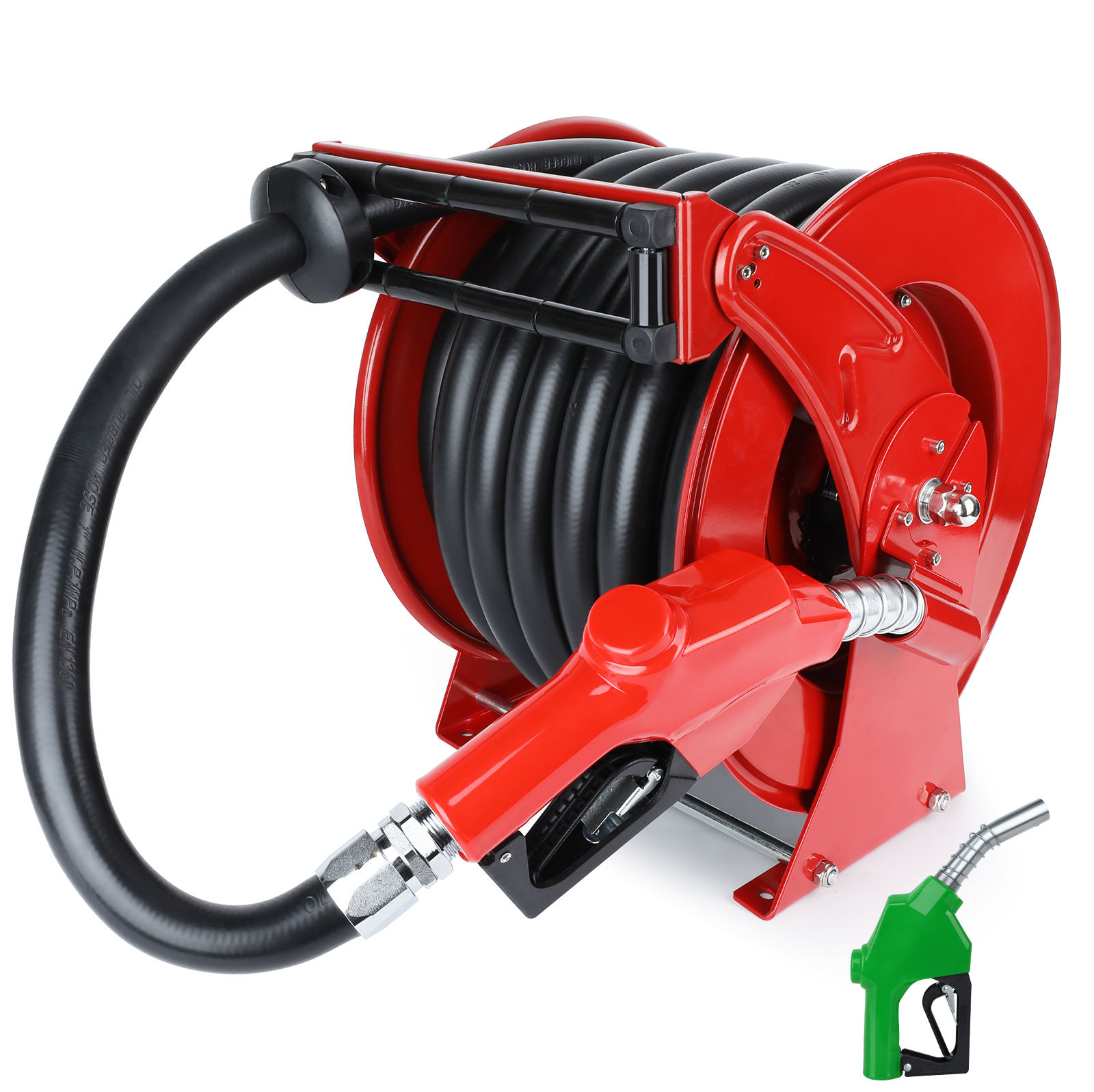 BreAro 50FT red diesel fuel hose reel with automatic shut-off nozzle, heavy-duty steel frame, and flexible rubber hose for industrial fueling of trucks and machinery.