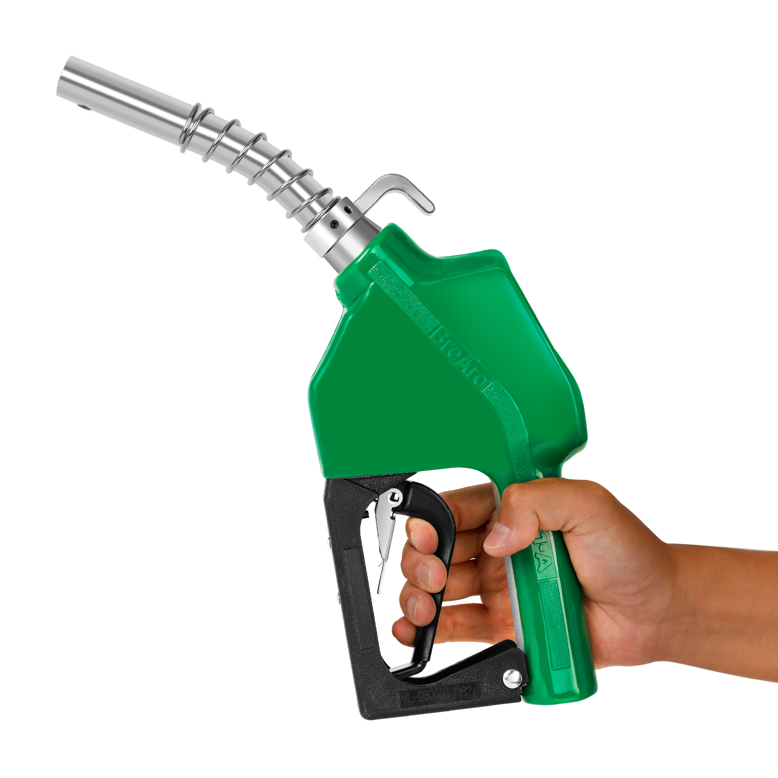 Green 3/4-inch fuel nozzle with ergonomic handle, durable aluminum spout, and built-in hook for storage. Designed for efficient fuel transfer with auto shut-off technology and adjustable flow control.