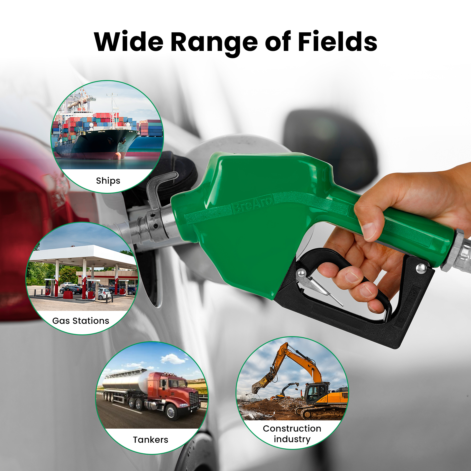  A green automatic fuel nozzle in use, showcasing its wide range of applications, including ships, gas stations, tankers, and the construction industry, highlighted with corresponding images for each field.