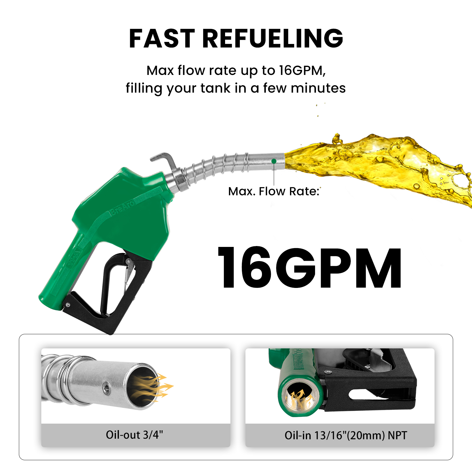 Green automatic fuel nozzle demonstrating a max flow rate of 16 GPM for fast refueling, with close-up images highlighting the 3/4" oil outlet and 13/16" (20mm) NPT oil inlet for efficient fuel transfer.
