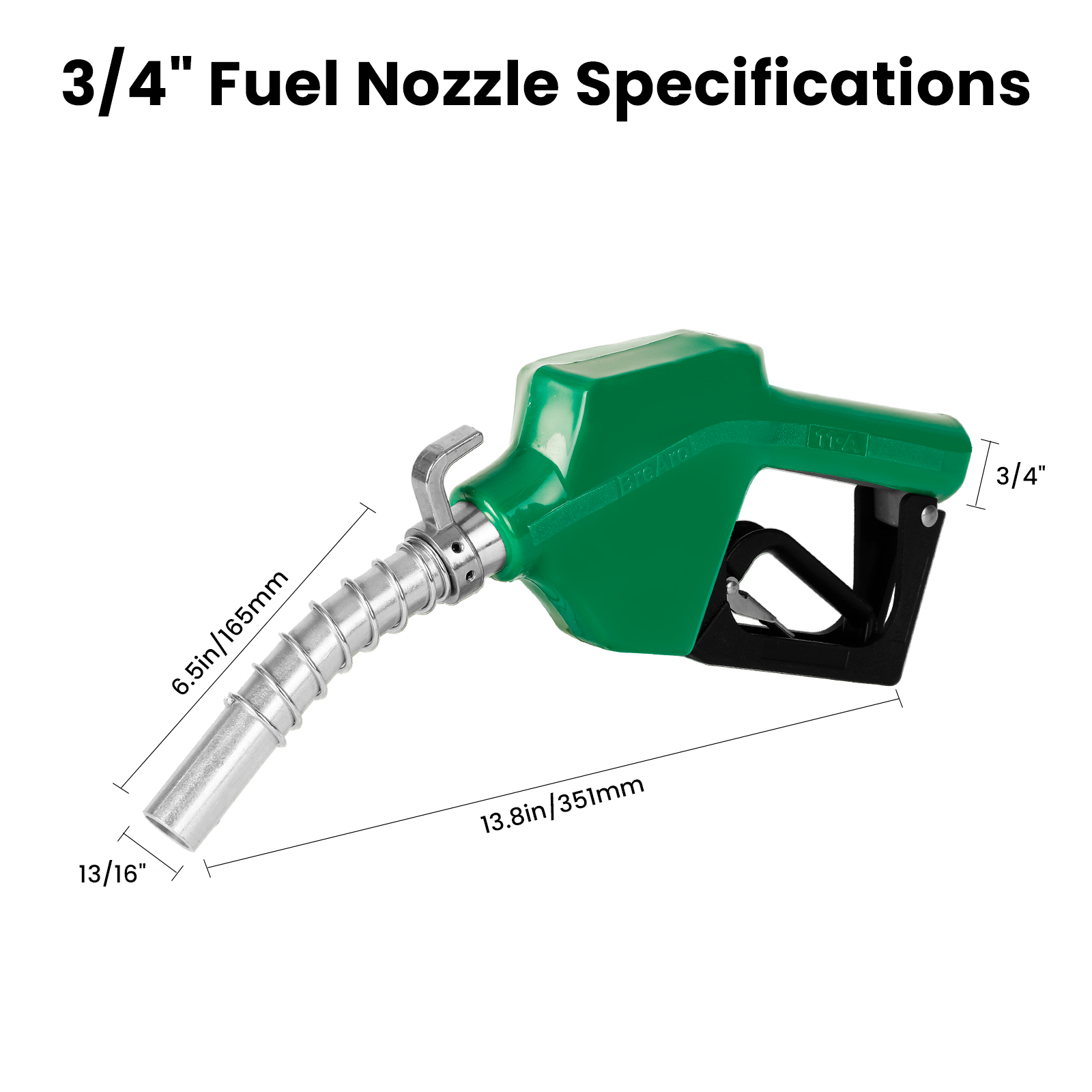 Green 3/4" fuel nozzle with labeled specifications, including dimensions of 13.8 inches (351mm) in length, 6.5 inches (165mm) spout length, and a 13/16" spout diameter for precise sizing.
