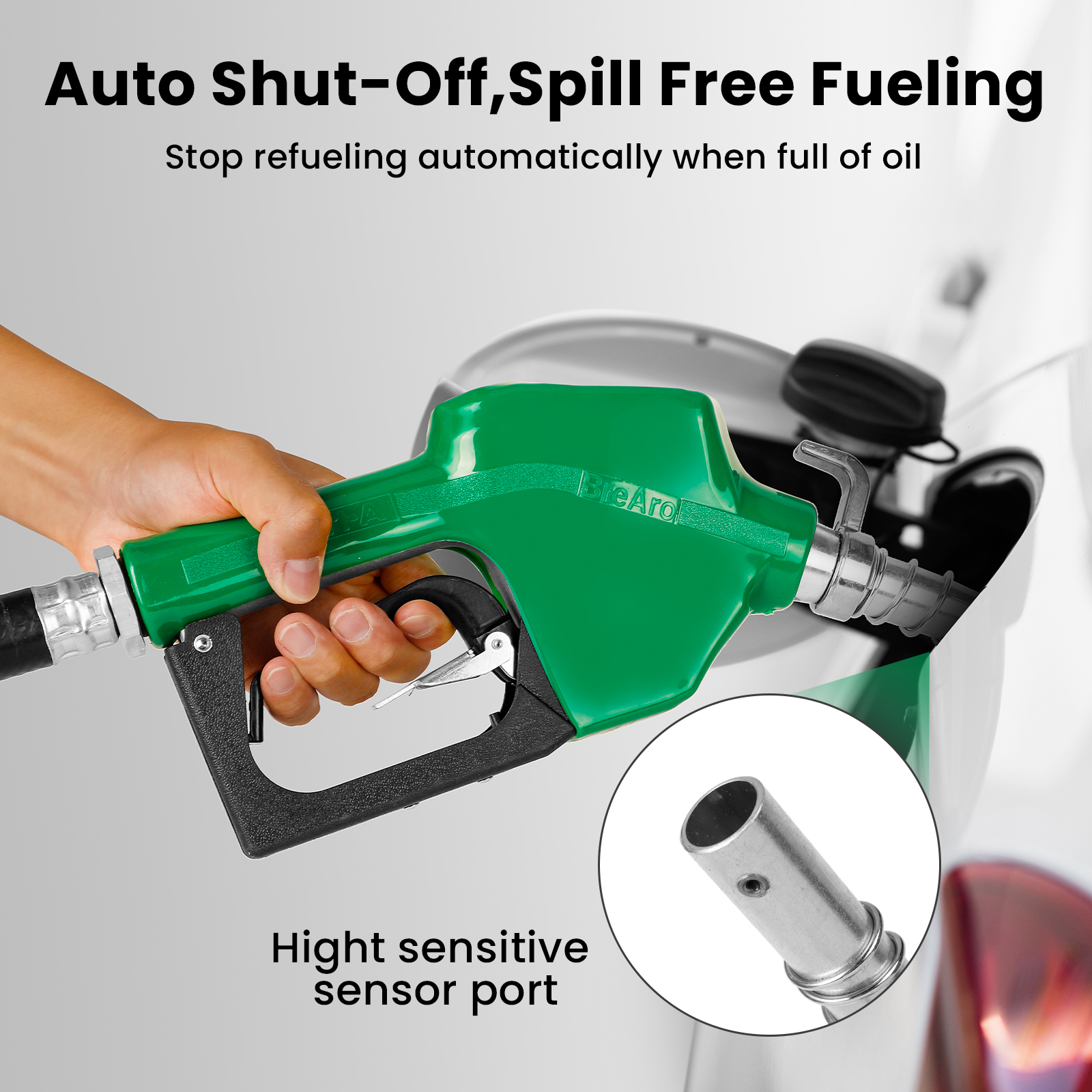 A green automatic fuel nozzle being used to refuel a car, featuring a high-sensitive sensor port for auto shut-off to prevent spills. Text highlights "Auto Shut-Off, Spill-Free Fueling" for efficient refueling.
