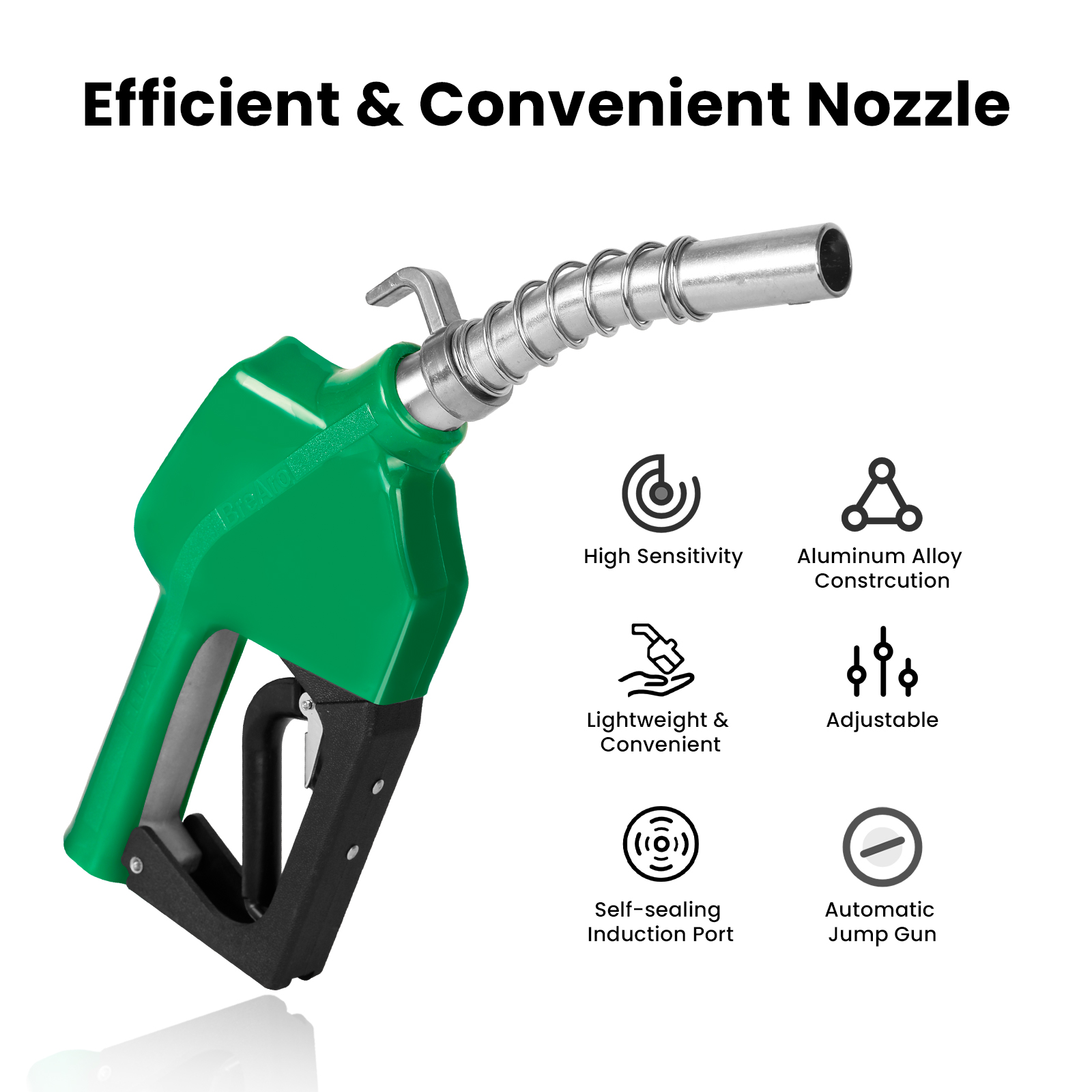 A green automatic fuel nozzle showcasing features like high sensitivity, aluminum alloy construction, lightweight design, adjustable flow, self-sealing induction port, and automatic jump gun functionality.