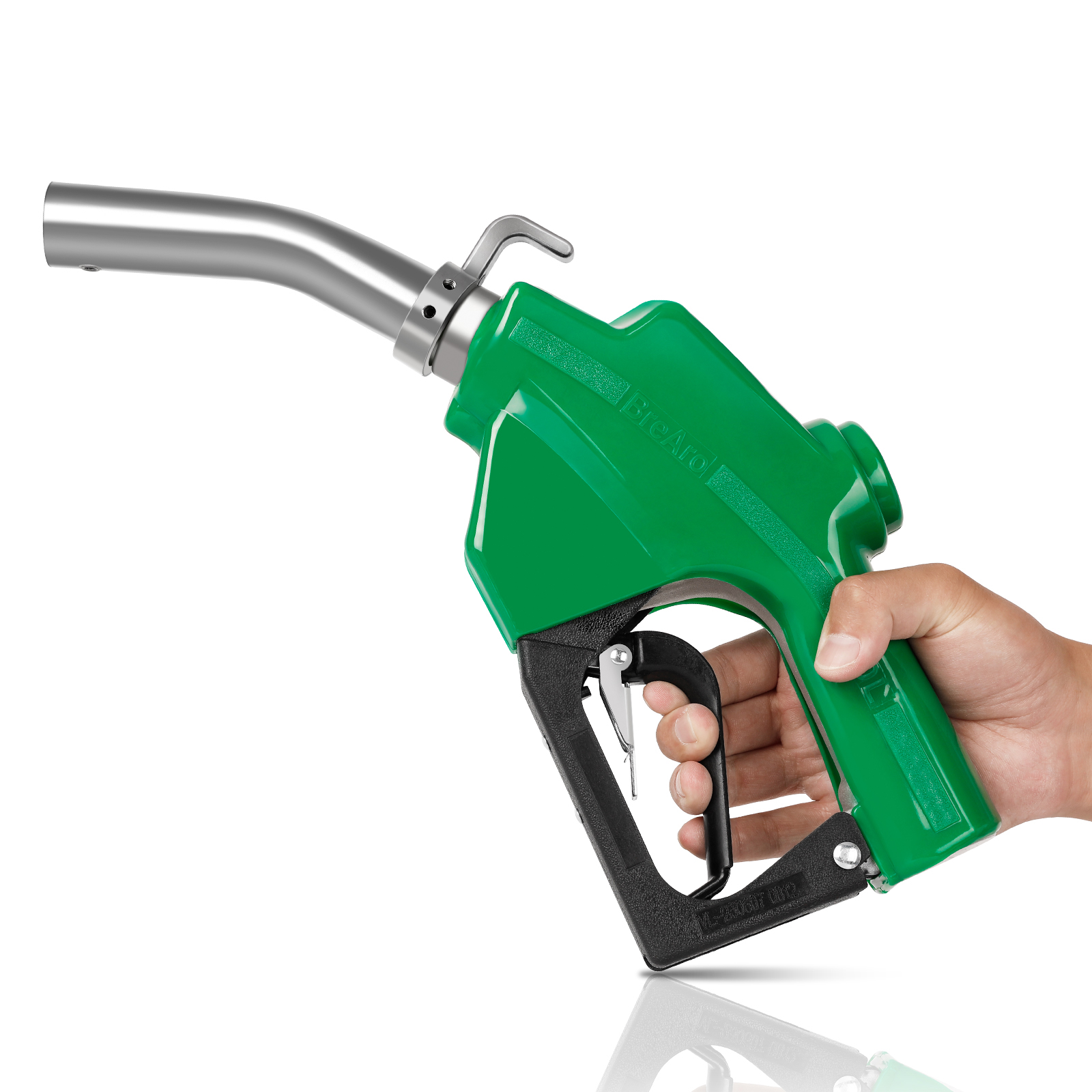 A green 1-inch automatic fuel nozzle with a curved silver spout, ergonomic handle, and built-in trigger lock, designed for efficient refueling of gasoline, diesel, kerosene, and biodiesel.