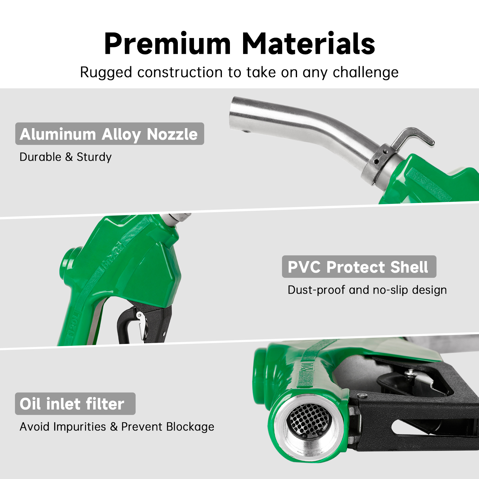 Premium fuel nozzle showcasing durable aluminum alloy construction, PVC protective shell for a dust-proof, non-slip design, and an oil inlet filter to prevent impurities and blockage for reliable performance.