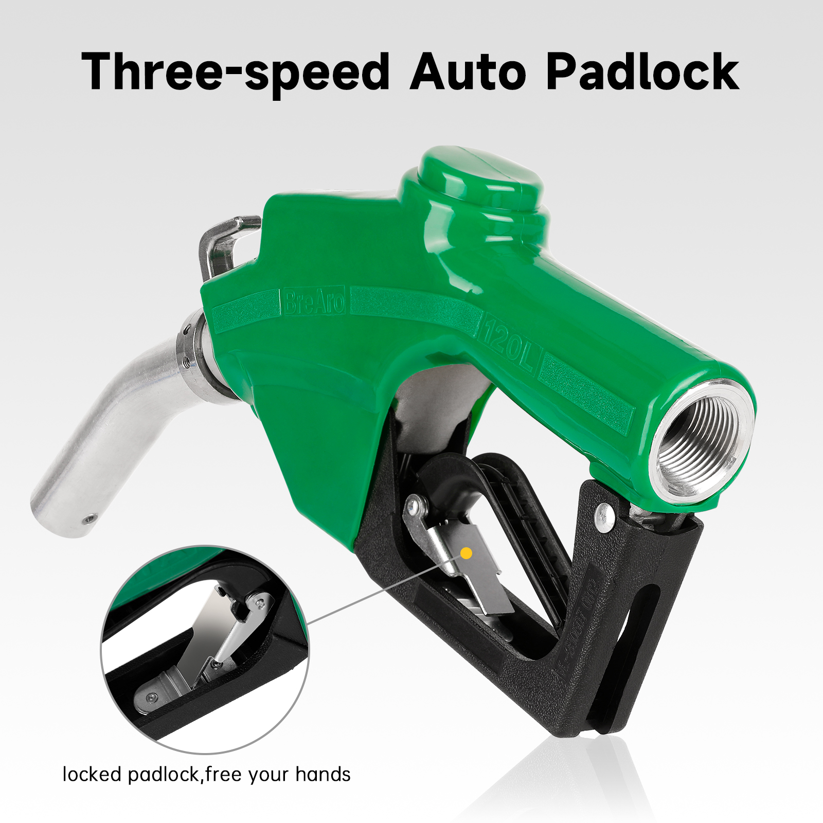 Green fuel nozzle featuring a three-speed auto padlock with a close-up of the locking mechanism, allowing hands-free operation and adjustable flow control for efficient refueling.