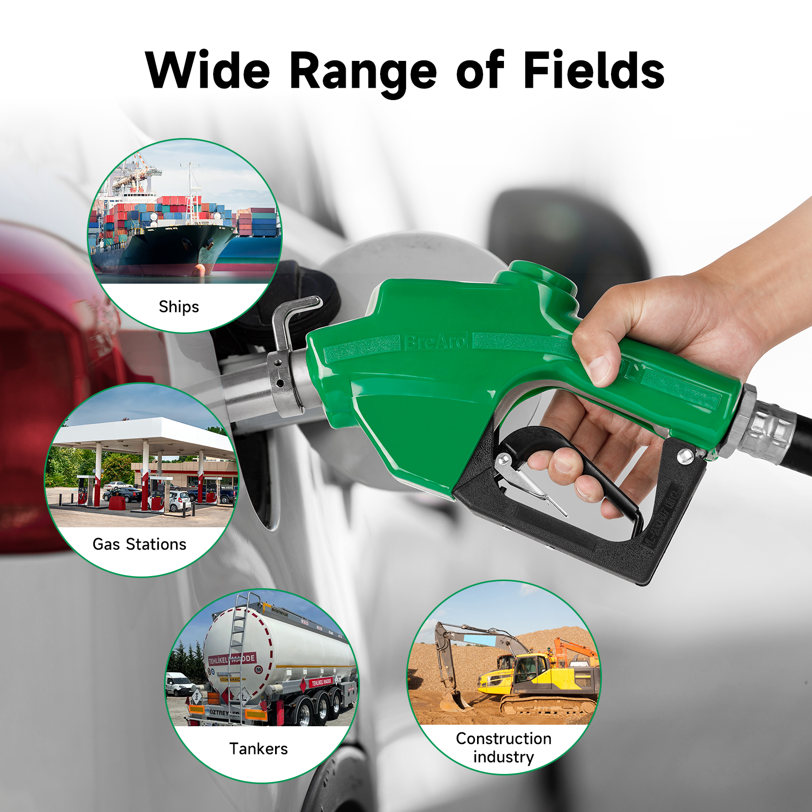 Green fuel nozzle in use, highlighting its wide range of applications including ships, gas stations, tankers, and the construction industry, suitable for diesel, gasoline, and kerosene refueling.